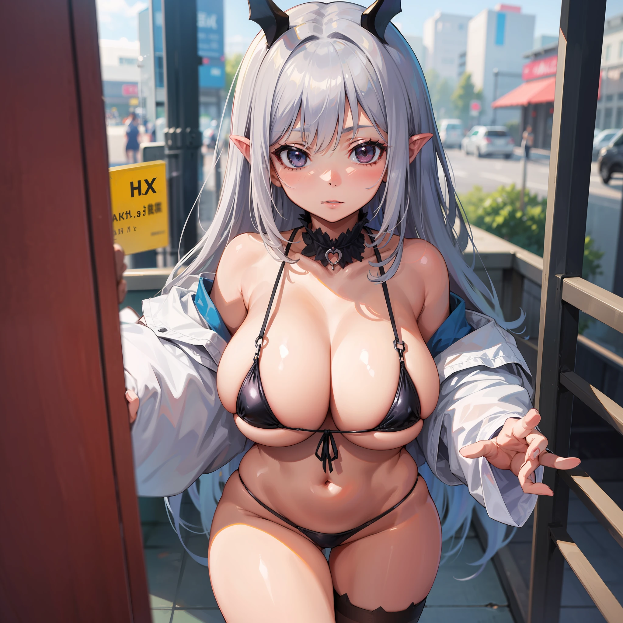 big boobs shy silver hair succubus micro bikini showing public hair