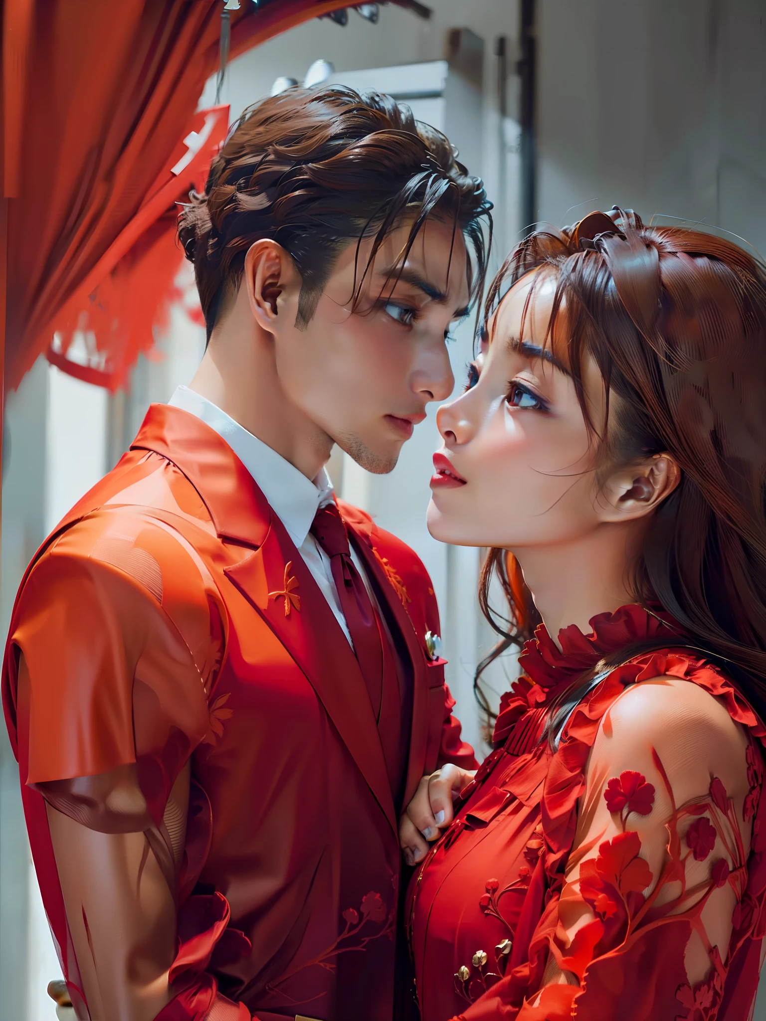 ( detailed description ) ( Better quality ) (Ultra Definition) (dramatic) a couple recovering from a fight between them. The man wearing a red suit with a black blouse underneath, and the woman in a black wedding dress