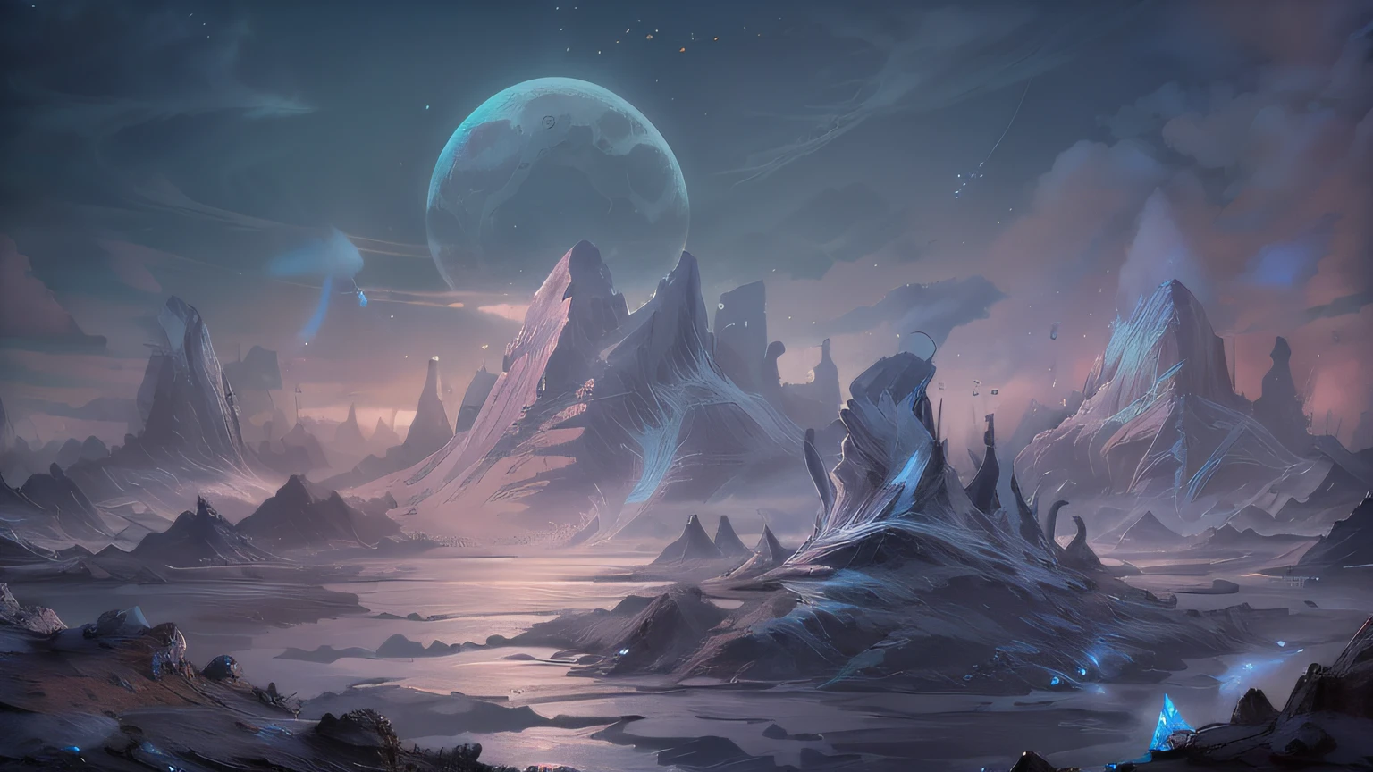 (enlarged: 1.1), mountains and a lake with a moon in the sky, 4k highly detailed digital art, 4k hd very detailed wallpaper, stunning fantasy landscape, sci-fi fantasy desktop wallpaper, unreal engine 4k wallpaper, 4k detailed digital art, sci-fi fantasy wallpaper, epic dreamlike fantasy landscape, 4k hd matte digital painting, 8k stunning art