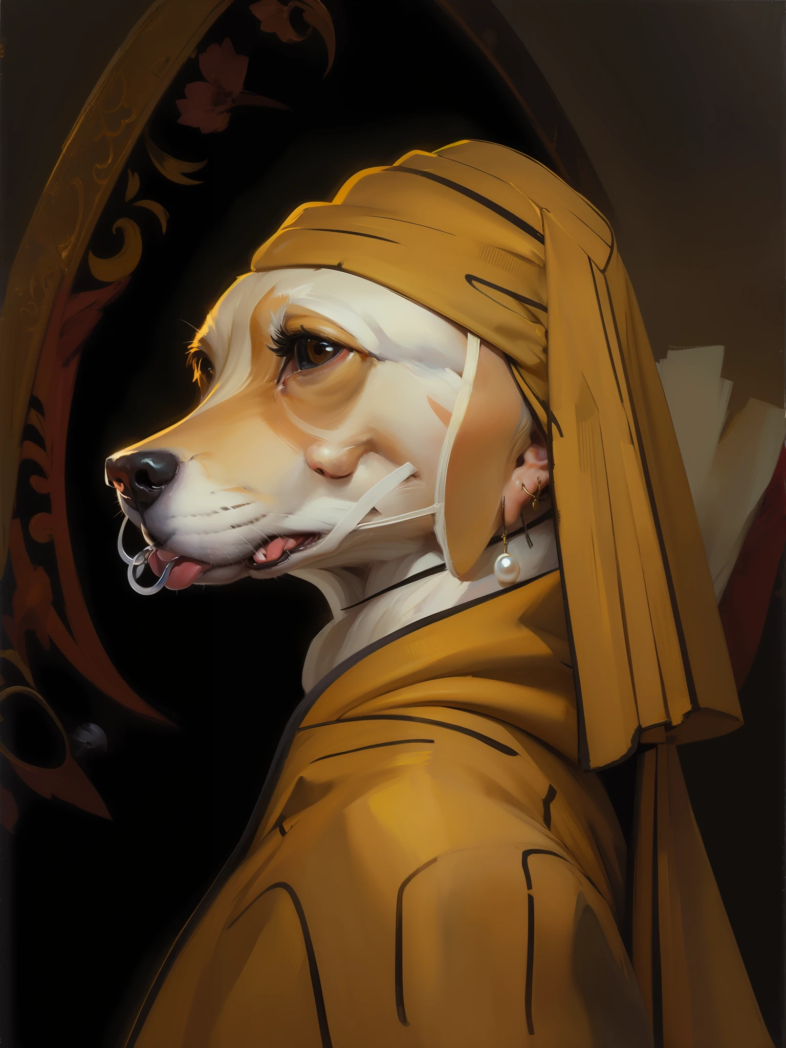 Masterpiece, highest quality, HD, 8k, oil painting by Johannes Vermeer, "The Maiden with Pearl Earrings", detailed details, detailed facial features, (dog's face: 1.2), with pearl earrings on the ears