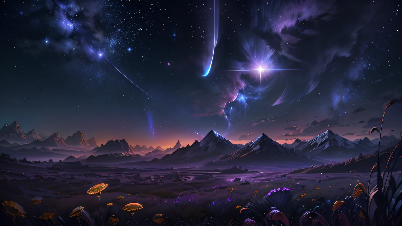 (Absurd, Cinematic, UHD, tallest, ultra detailed, ultra detailed), dark purple sky, nebula in the sky, last 5 in the sky, big moon in the sky, shooting star, dandelion field, mountain, oil painting, detailed dandelion field, detailed sky, sunset, unreal engine 4k wallpaper