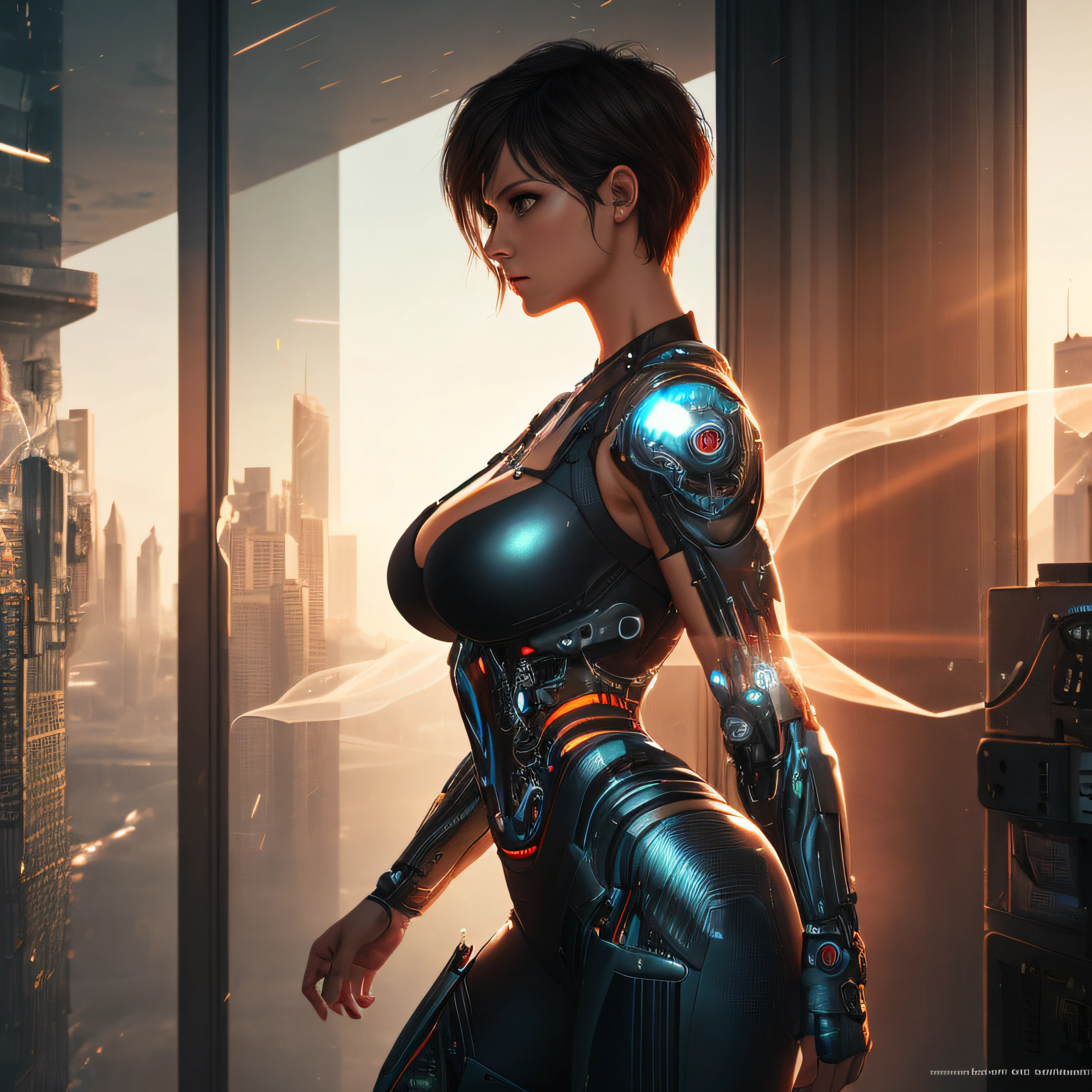 Like Pamella Cristiny, realistic photography, photorealistic, realism, contrast, photography, masterpiece, cyborg, cyberpunk, ethereal beauty, ethereal, ultra realistic, 3d, 3d rendering, porcelain, Best quality, human anatomy, real hair, short hair, Asymmetrical Cut Hair, moving hair, huge breasts, human anatomy, posing for photo, translucent, (ethereal, Dream), formidable, 8k wallpaper, Realistic Textures Dramatic Lighting, Trending at Art Station Cinestill 800 --auto