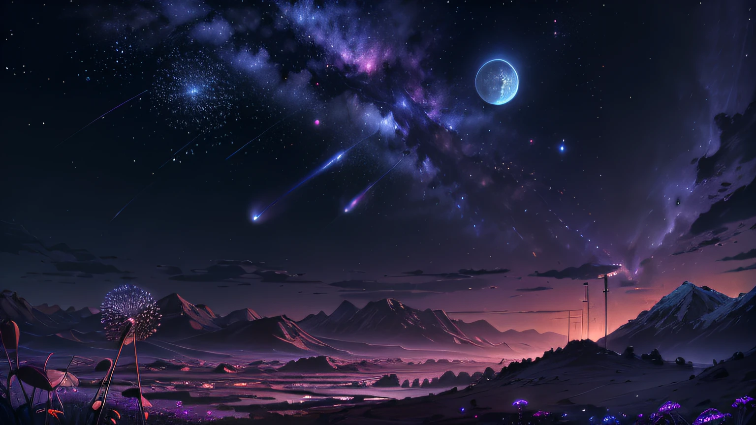 (Absurd, Cinematic, UHD, tallest, ultra detailed, ultra detailed), dark purple sky, nebula in the sky, last 5 in the sky, big moon in the sky, shooting star, dandelion field, mountain, oil painting, detailed dandelion field, detailed sky, sunset, unreal engine 4k wallpaper