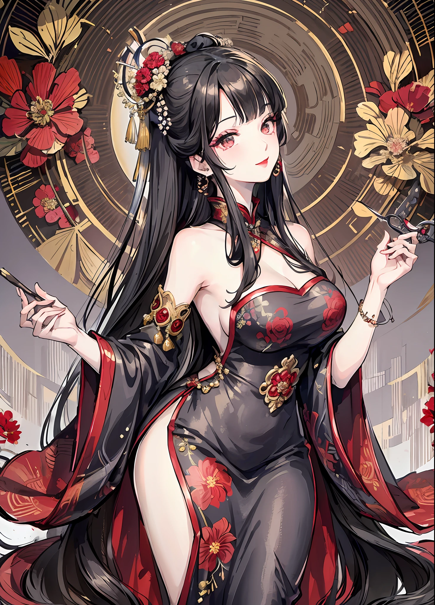 Masterpiece, Superb Style, Night, Full Moon, 1 Woman, Mature Woman, Chinese Style, Antique Chinese, Sister, Royal Sister, Smile, Brunette Hair, Updo, Red Lips, Calm, Intellectual, Princess Scissors, Hairpins, Hair Flower, Detailed Facial Details, Detailed Eyes, Full Body, Gray Eyes, Conservative Dress, Long Hair, Hydrangeas