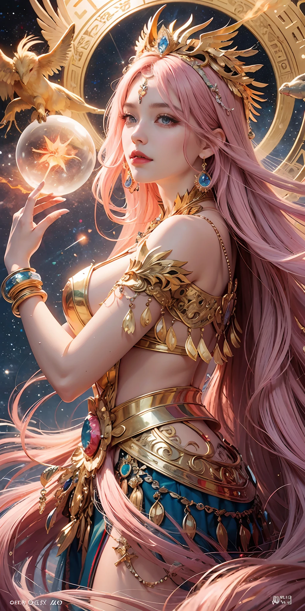 Goddess Athena,Delicate facial features,Pink Hair,Long hair with bangs in the middle,Double skin eyes,Dental lips,Sleeveless and collarless,Gorgeous costume dresses,Gemstone jewelry set with gold necklace jewelry,Multiverse,s fractal art,floating in space,a phoenix,Flaming red feathers,Sharp animal eyes,Circling around,Astrolabe,flasher,(a Mandala,Tangles,Entanglement),holy light,gold leaf,FROM ABOVE,the side view