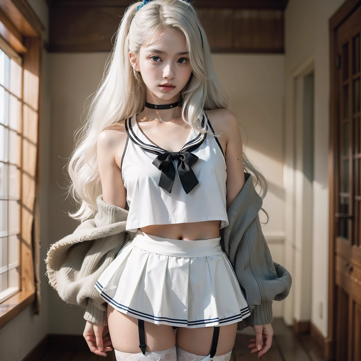 an extremely delicate and beautiful girl, extremely detailed eyes and face, beautiful detailed glow, beautiful detailed girl, detailed light, solo, 1girl, full body, torogao, black eyes, long hair, skinny, standing, (serafuku), (white thighhighs), mary janes, sailor collar, pleated skirt, gradient hair, colored inner hair, student, collarbone, Realistic, RAW photo, dslr, soft lighting, film grain, Fujifilm XT3, Screen Space Refraction, high detailed skin, natural skin texture, masterpiece, best quality, 8k, insane details, intricate details, hyperdetailed, hyper quality, high detail, ultra detailed,
