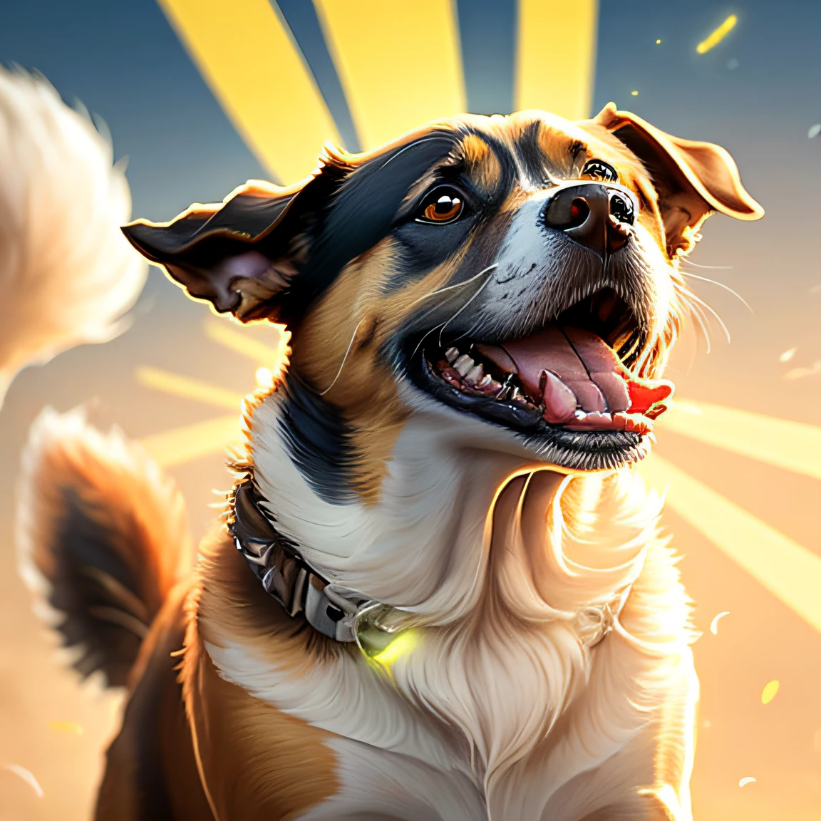 dog bones flying, yellow picture background, dog with tongue out, eyes glowing, ultra realistic image, LoRA