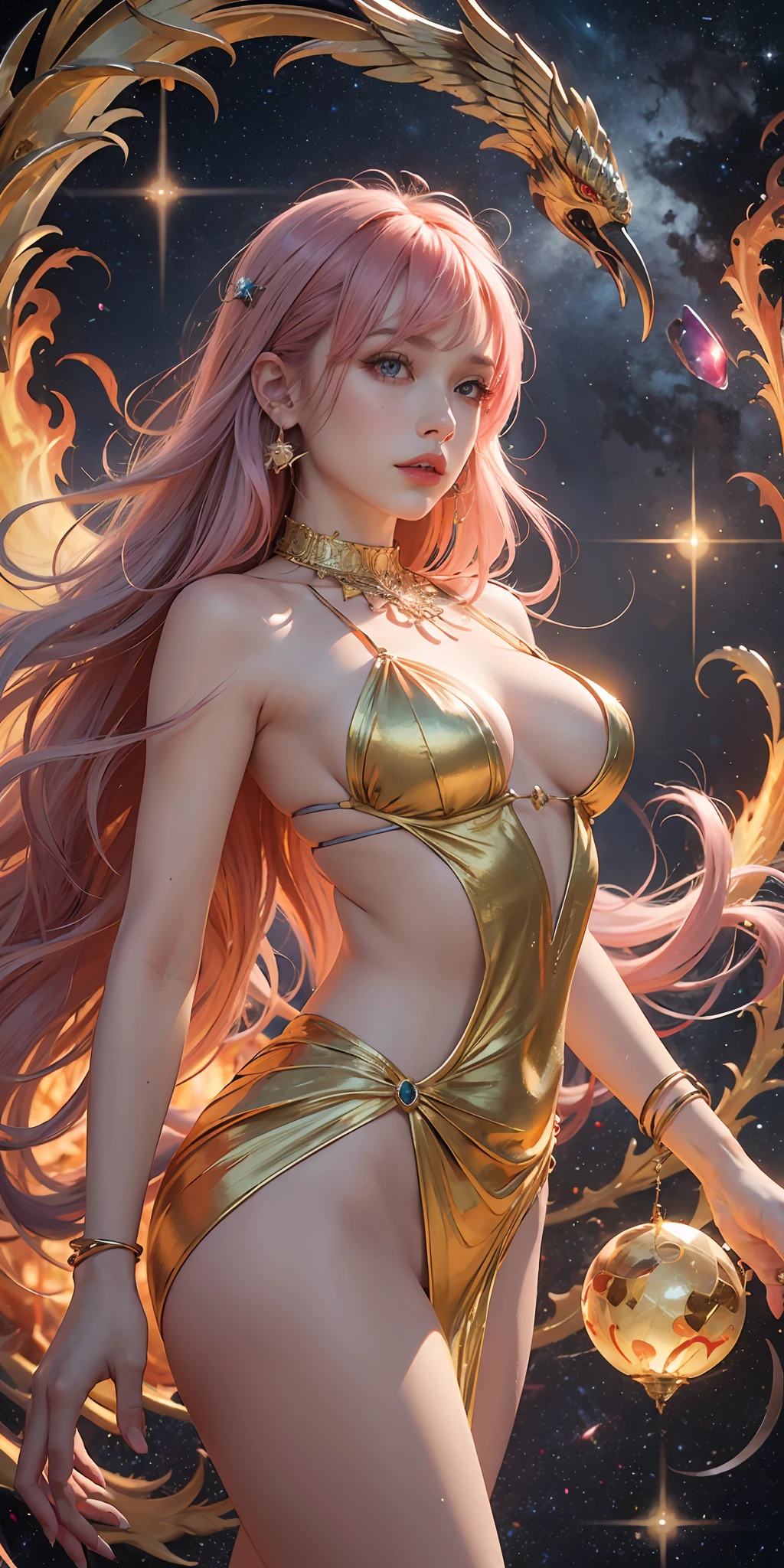 A woman of peerless style，Delicate facial features，Pink Hair，Long hair with bangs in the middle，Double skin eyes，Dental lips，Sleeveless and collarless，Off Shoulders，Bare legs，Gorgeous costume dresses，Gemstone jewelry set with gold necklace jewelry，Multiverse，s fractal art，floating in space，Fire Phoenix，Flaming red feathers，Claws，Animal eyes，Circling around，Astrolabe，flasher，（a Mandala，Tangles，Entanglement），holy light，gold leaf，FROM ABOVE，the side view