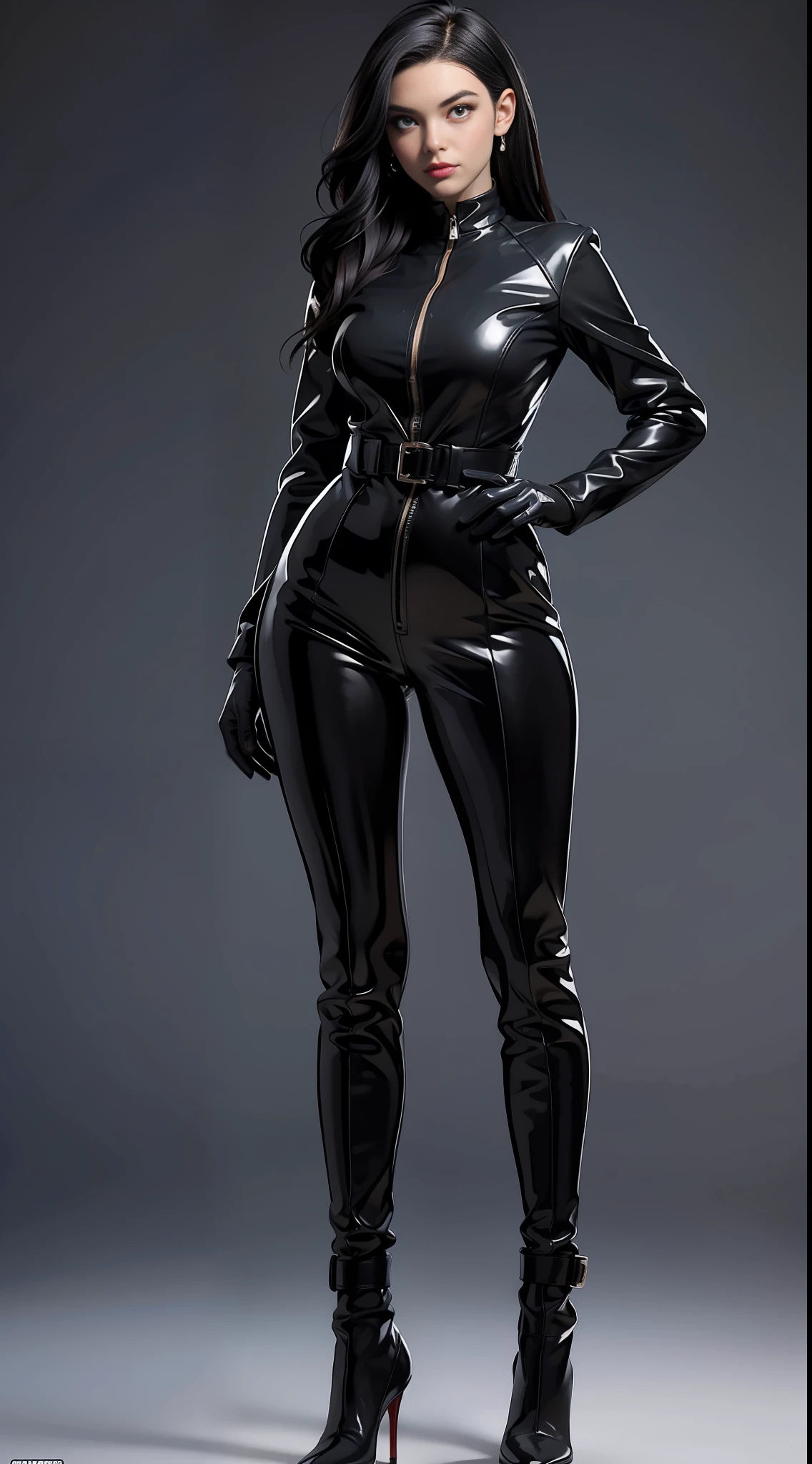 solo, super fine photo, portrait Unreal Engine 5 8K UHD of beautiful and mature girl, black curvy hair, black tight latex catsuit with red latex long jacket, latex model, latex belts, latex glove, latex arm and leg cuffs, latex high heels, beautiful make up, best quality, masterpiece, official art, unified 8k wallpaper, super detailed, sharp focus, dynamic pose, body parts