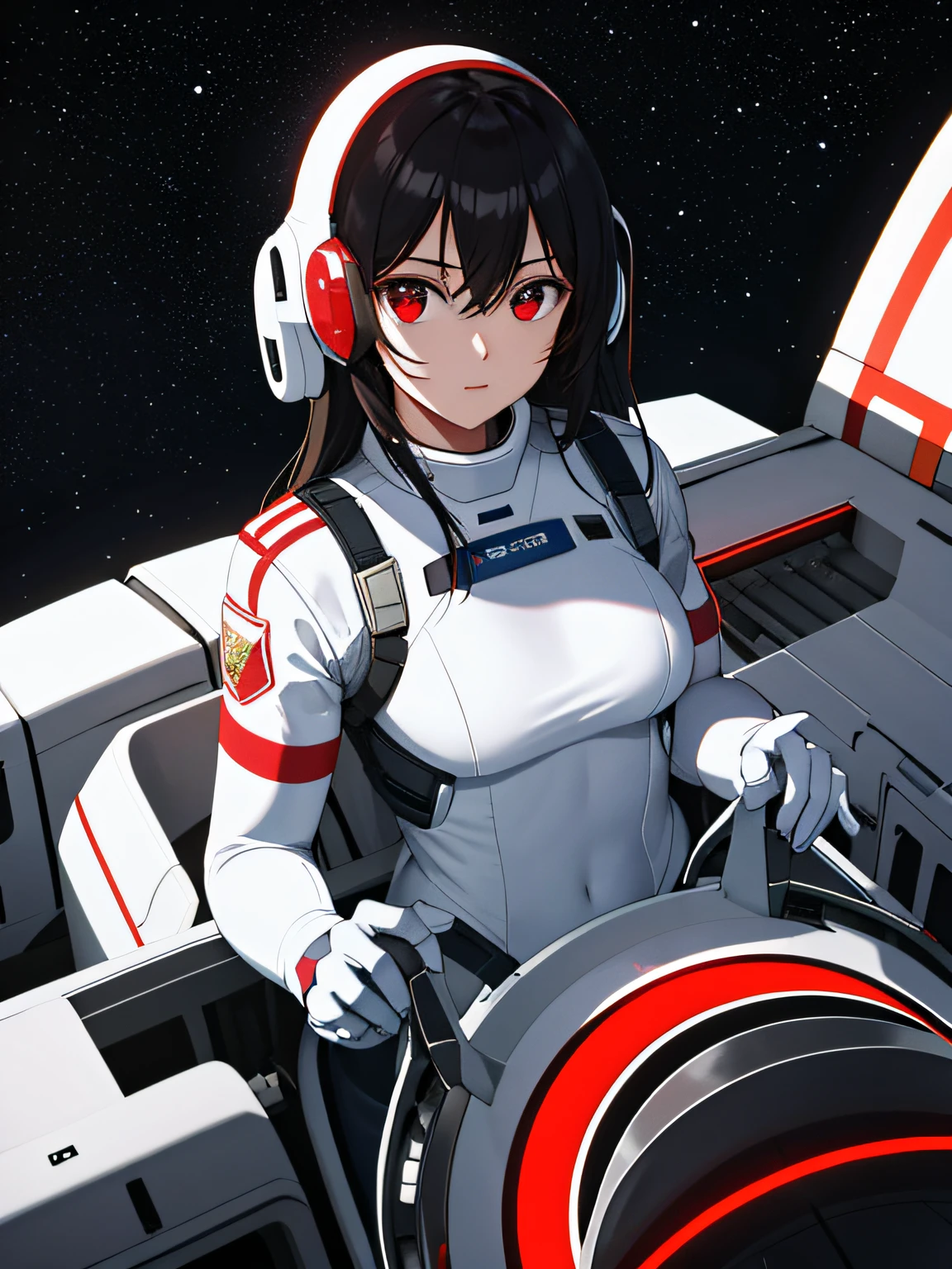 1girl,flat_breasts,cute,beautiful detailed eyes,shiny hair,visible through hair,hairs between eyes, CCCPposter, sovietposter,red monochrome,soviet poster, soviet,communism,
Black_hair,red_eyes,vampire,teenage,poorbreast,Spacesuit:Orange_clothing_body:jumpsuit),white_gloves, white_space shoes, white_helmet, the CCCP red letters on the top of helmet, weightlessness, Side light, reflection, The person in the spacesuit is at the bottom left of the frame, The right hand is outstretched, the right hand gently touches the Salyut space station), Space station in the upper right corner of the screen, Reflected light from the sun, Silver metal,red flag, brilliance,USSR style, diffuse reflection, Metallic texture, The vista is a blue Earth,mecha style,the sea of star,high tone, magnificent