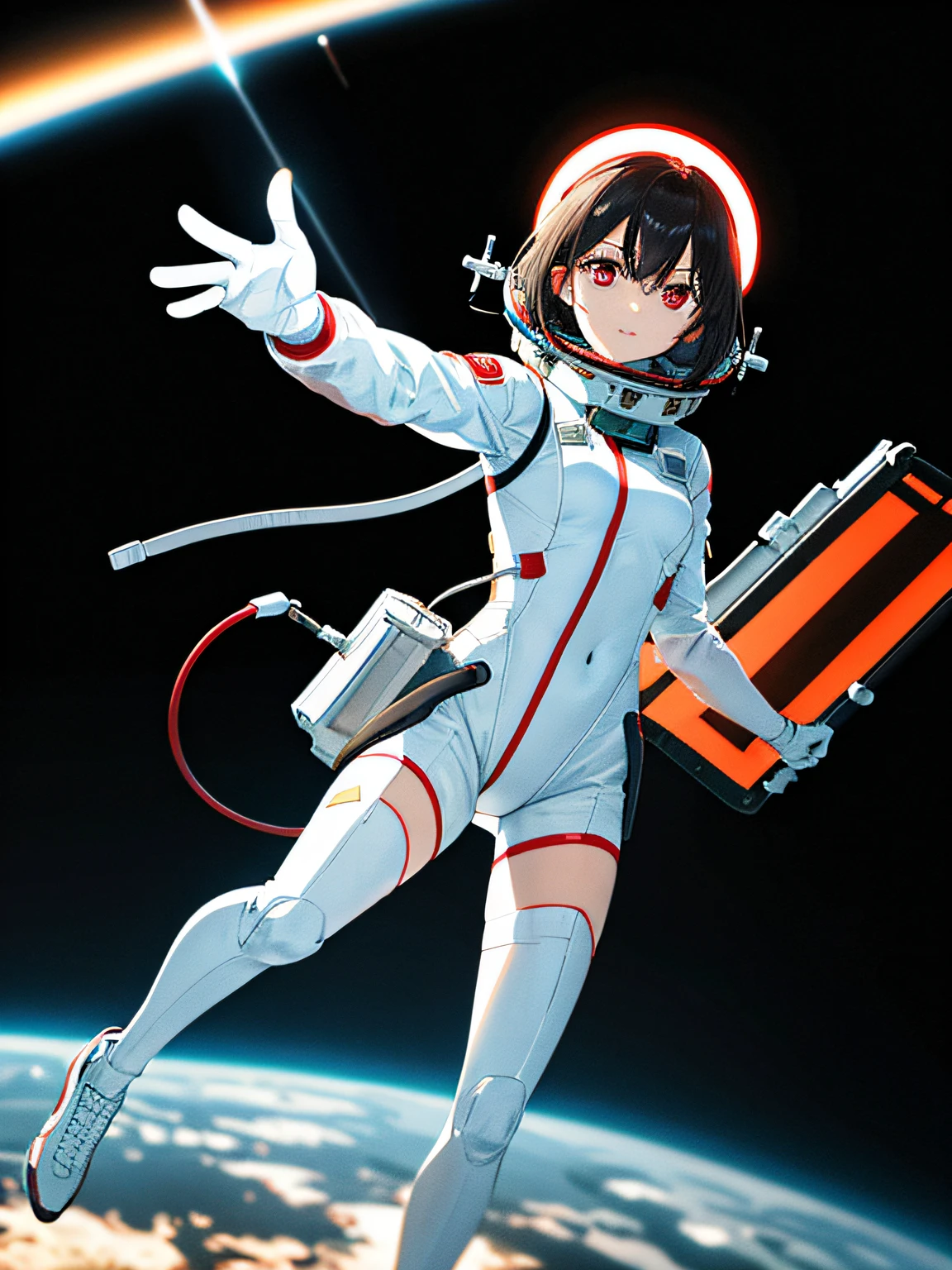 1girl,flat_breasts,cute,beautiful detailed eyes,shiny hair,visible through hair,hairs between eyes, CCCPposter, sovietposter,red monochrome,soviet poster, soviet,communism,
Black_hair,red_eyes,vampire,teenage,poorbreast,Spacesuit:Orange_clothing_body:jumpsuit),white_gloves, white_space shoes, white_helmet, the CCCP red letters on the top of helmet, weightlessness, Side light, reflection, The person in the spacesuit is at the bottom left of the frame, The right hand is outstretched, the right hand gently touches the Salyut space station), Space station in the upper right corner of the screen, Reflected light from the sun, Silver metal,red flag, brilliance,USSR style, diffuse reflection, Metallic texture, The vista is a blue Earth,mecha style,the sea of star,high tone, magnificent