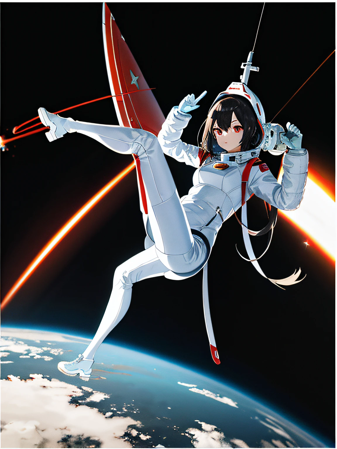 1girl,flat_breasts,cute,beautiful detailed eyes,shiny hair,visible through hair,hairs between eyes, CCCPposter, sovietposter,red monochrome,soviet poster, soviet,communism,
Black_hair,red_eyes,vampire,teenage,poorbreast,Spacesuit:Orange_clothing_body:jumpsuit),white_gloves, white_space shoes, white_helmet, the CCCP red letters on the top of helmet, weightlessness, Side light, reflection, The person in the spacesuit is at the bottom left of the frame, The right hand is outstretched, the right hand gently touches the Salyut space station), Space station in the upper right corner of the screen, Reflected light from the sun, Silver metal,red flag, brilliance,USSR style, diffuse reflection, Metallic texture, The vista is a blue Earth,mecha style,the sea of star,high tone, magnificent