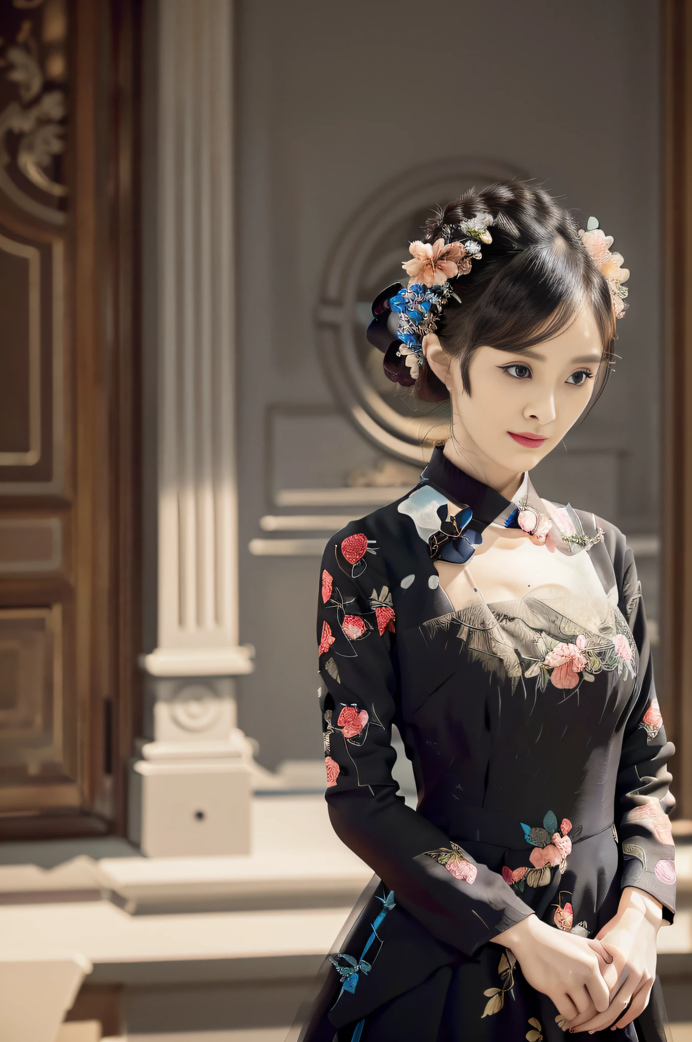 Yangmi, mimi, photo of woman in black dress with floral pattern, best quality, masterpiece, (Realisticity: 1.2)