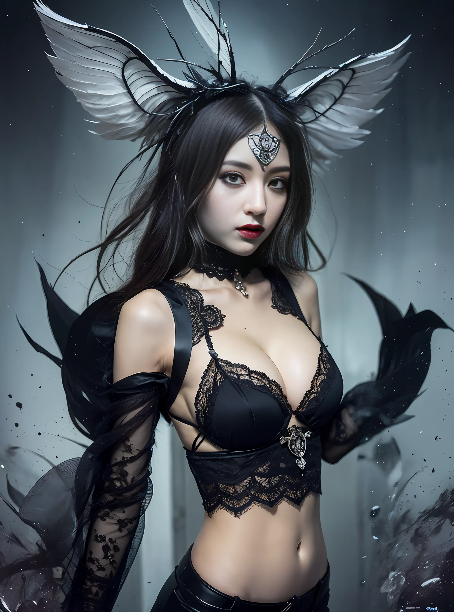 Please resynthesize the costume to blend in with the whole. The costume is black and gorgeous, dark with plenty of lace and ornaments. The chest is large, and it is a design with open cleavage.