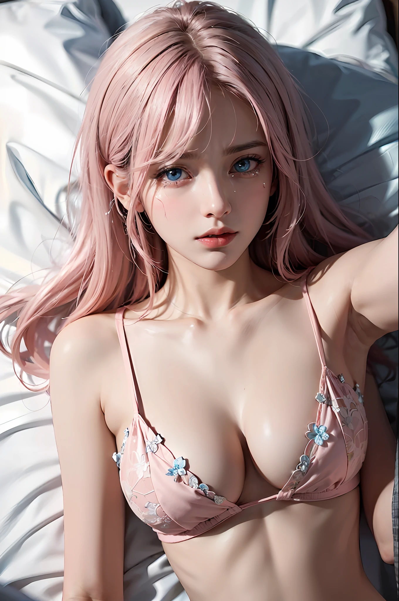 ((top quality, 8k, masterpiece: 1.3)), beautiful woman in perfect style: 1.4, slender: 1.3, (((light pink hair, big: 1.2)), disheveled outfit, navel, highly detailed face and skin texture, detailed eyes, double eyelids, [(top quality, masterpiece, intricate detail: 1.3): 0.2], realistic and detailed skin, subjective perspective, viewer view, (from top: 1.2), ( on the bed), (lying in bed: 1.2), 1 girl, white skin, (anxiety, crying, tears: 1.25), (slender body: 1.2), middle chest, glued to the chest, 40k, photo, best quality, high angle, SFW, (1 girl's blue eyes), tears flow,