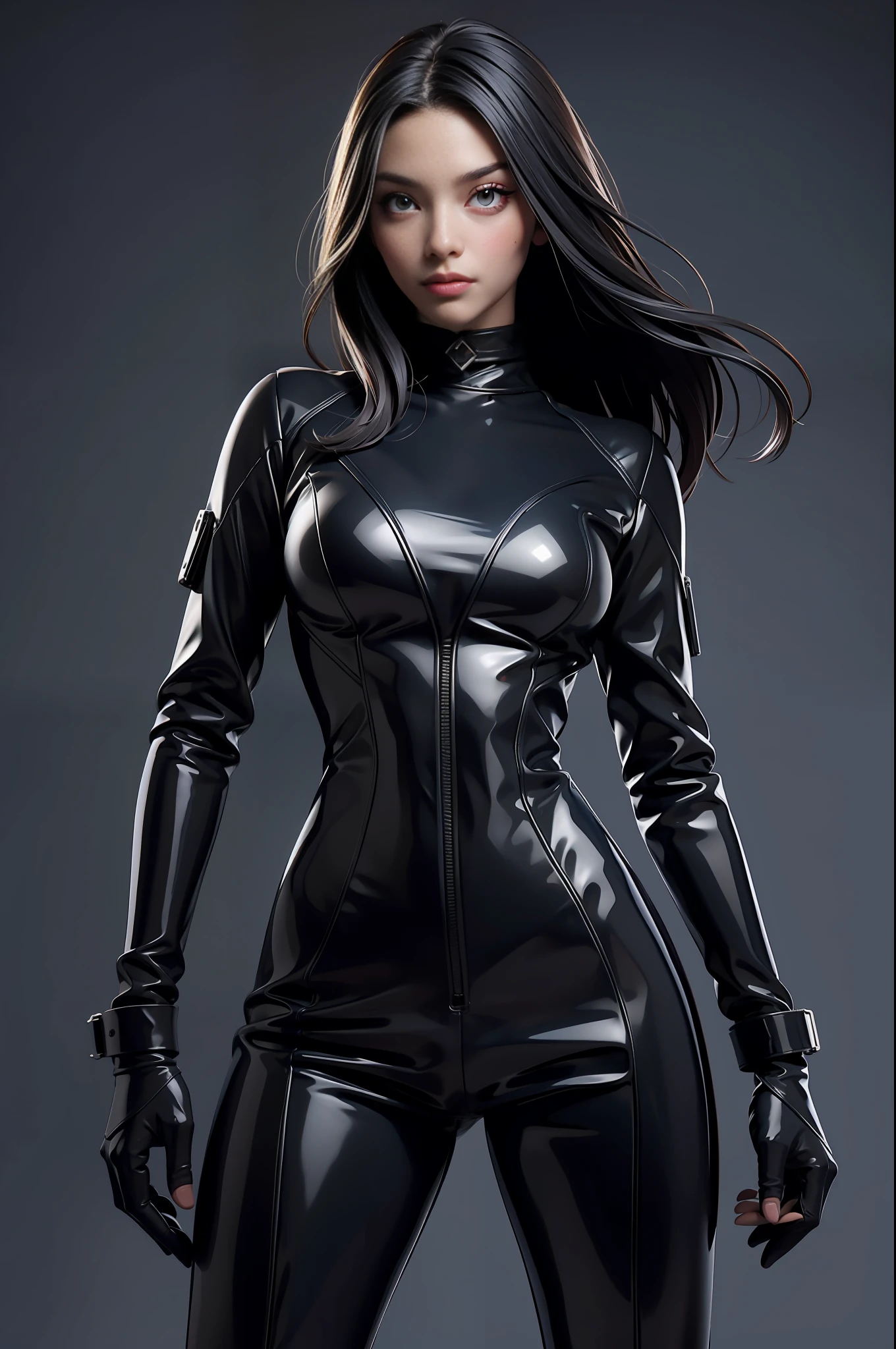 solo, super fine photo, portrait Unreal Engine 5 8K UHD of beautiful and mature girl, gorgeous, bob hair, black tight futuristic latex catsuit with straps, latex glove, latex belts, cyberpunk design, futuristic female agent, latex arm and leg cuffs, beautiful make up, luxurious, best quality, masterpiece, official art, unified 8k wallpaper, super detailed, sharp focus, dynamic pose, body parts, no extra limbs, precisely anatomy