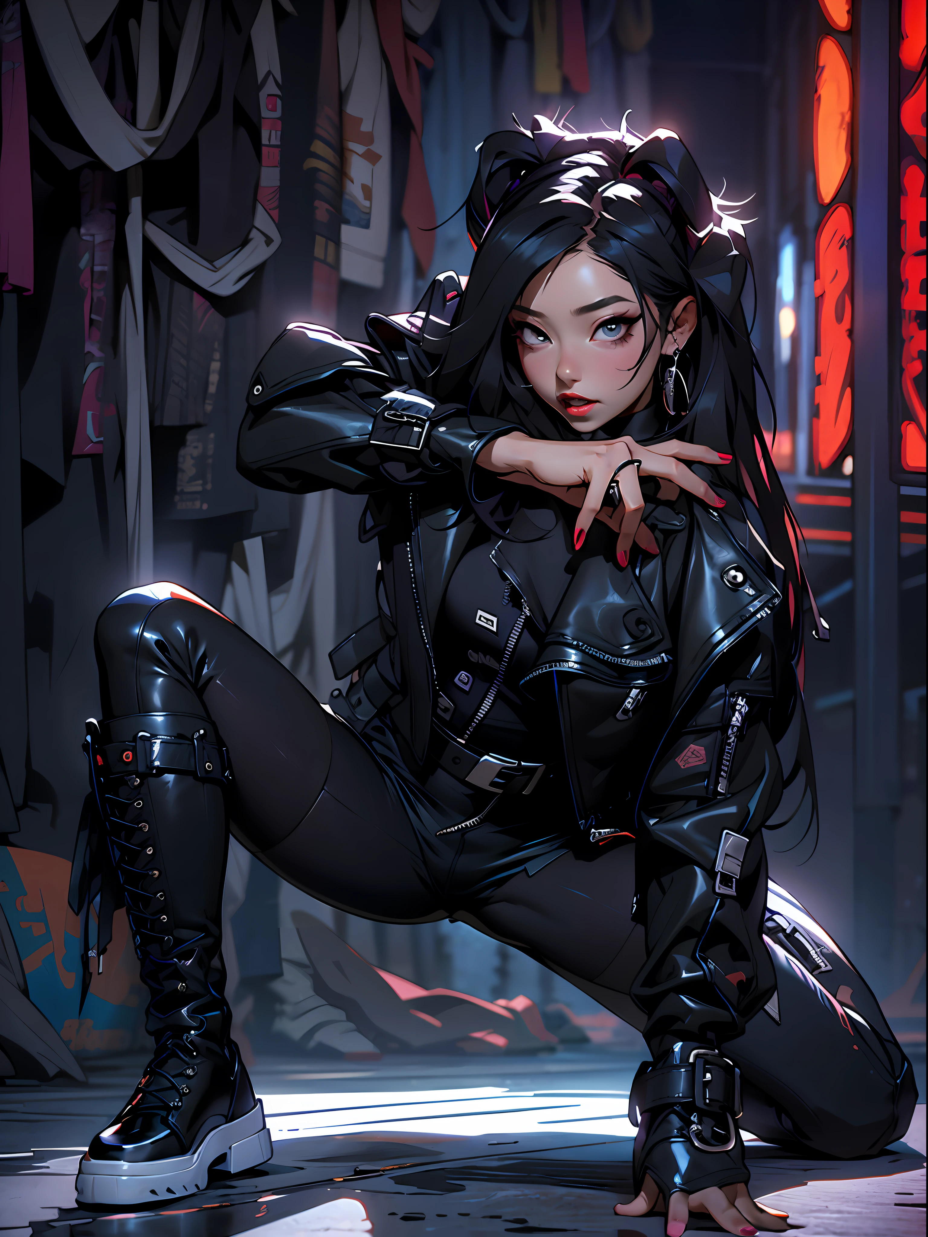 Araffe in a black leather outfit crouched with one hand on the floor, full body Xianxia, IU Lee Ji-eun as a super villain, cruel Korean goth girl, Jisoo of Blackpink, Jisoo of Blackpink, Cai Xukun, wearing cyberpunk leather jacket, Tifa Lockhart, wearing modern gothic clothes, black leather costume, wearing black clothes, knee-high boots,  can kung-fu