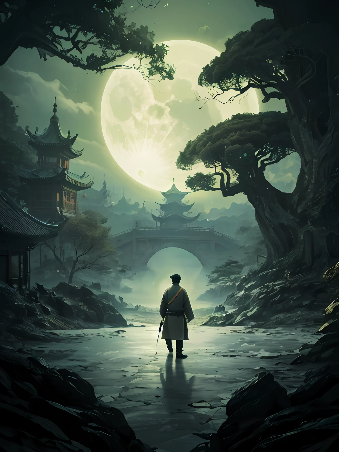 (Real photo: 1.5) (photorealistic) chiaroscuro, depth of field, surrealism, best quality, masterpiece, UHD, high resolution, high detail, ccurate, 16k, ink, china, chivalrous man, sword, chinese sword, monster, 1boy, ATTACK MONSTER, LEAVES FLUTTERING AND FALLING, MOONLIGHT, MOONLIGHT FALLING, CHINESE STYLE, GREEN SCENT, TAI CHI, NEGATIVE SPACE, FISHEYE