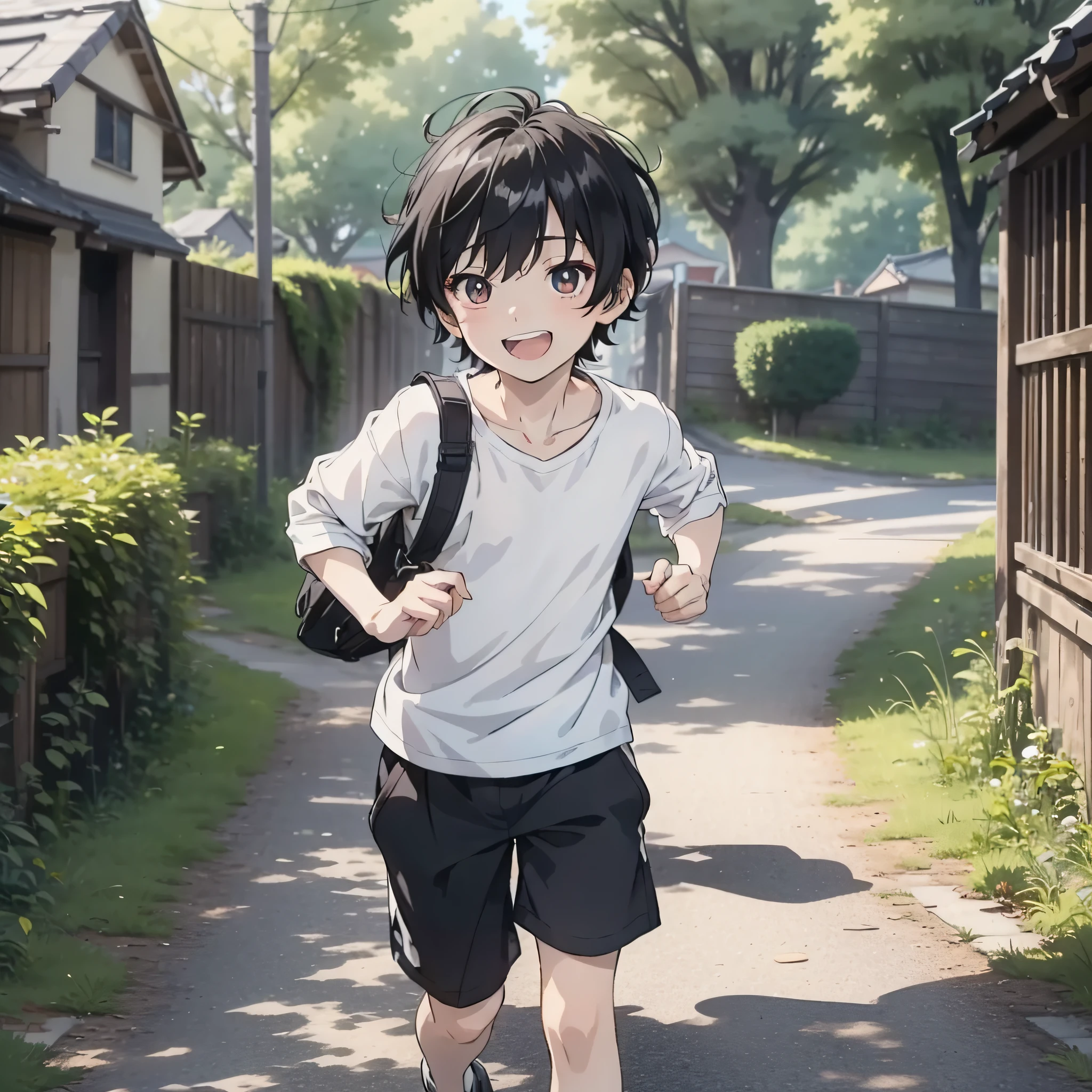 A little boy about 10 years old with short black hair and a white top runs on the village path (running action 1.5) (open mouth laugh 1.3) (full body display 1.5) (handsome boy 1.3) (cinematic light 1.5) (master masterpiece: 1.4), hyper detail, anime style 4 K, anime rendering, anime style. 8k，