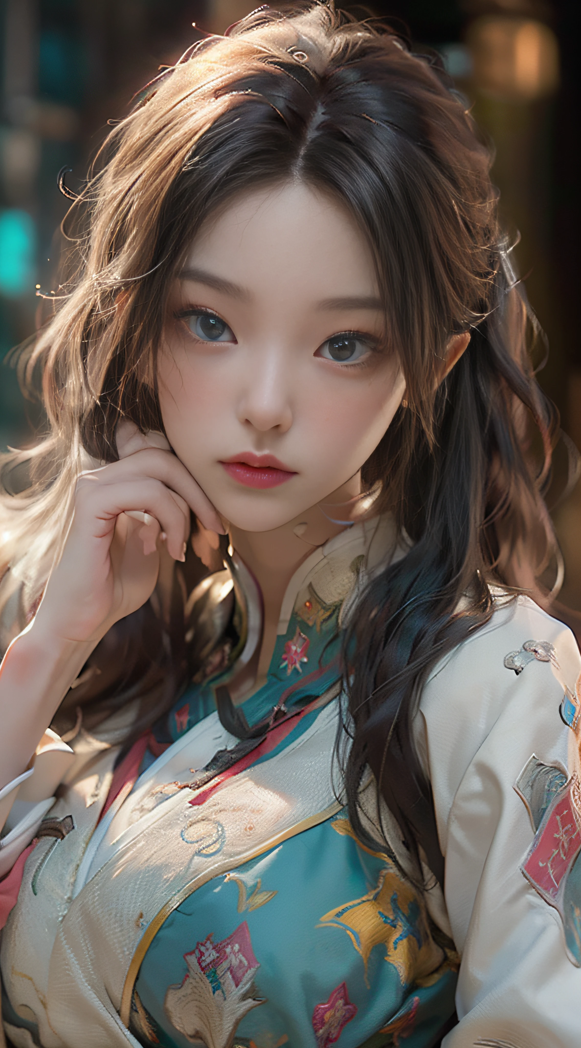 ((best best quality)), ((MasterPiece)), (Detail:1.4), 3D, A beautiful cyberpunk female image,HDR（high dynamic range）,RayTrace,nvidia rtx,The ultra-Resolution,Unreal 5,Subsurface scattering、pbr texturing、postprocessing、Anisotropic Filtering、depth offield、Maximum Clarity and Clarity、Many-Layer Textures、Albedo and Specular map、Surface coloring、Mitsu-Accurate simulation of material interactions、Perfect Scale、octanerendering、Two-colored light、large aperture、low ISO、white balance、Rule of Thirds、8K RAW、beautiful bright pupils，flowing robe，Fine pupils，Detailed face and eyes，Long Lashes，Blushlush，voluminous hair，Tender red lips