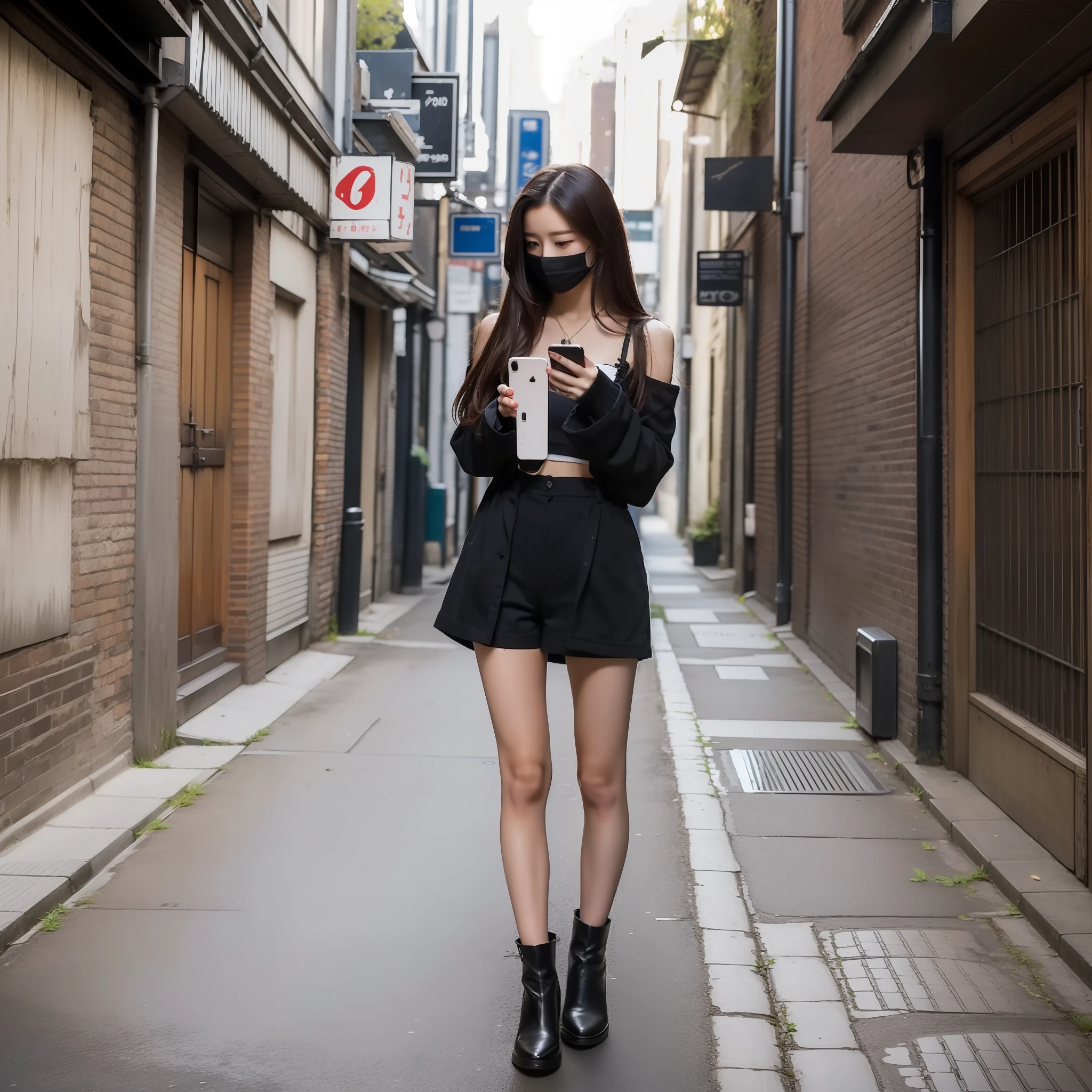 20-year-old Japanese woman, long hair and shoulders, white gauze shirt, princess sleeves, black underwear, black shorts, long legs, black booties, standing against a wall on the side of a lively street, looking down at your phone, messaging and typing, (photorealistic), (masterpiece), (8K)