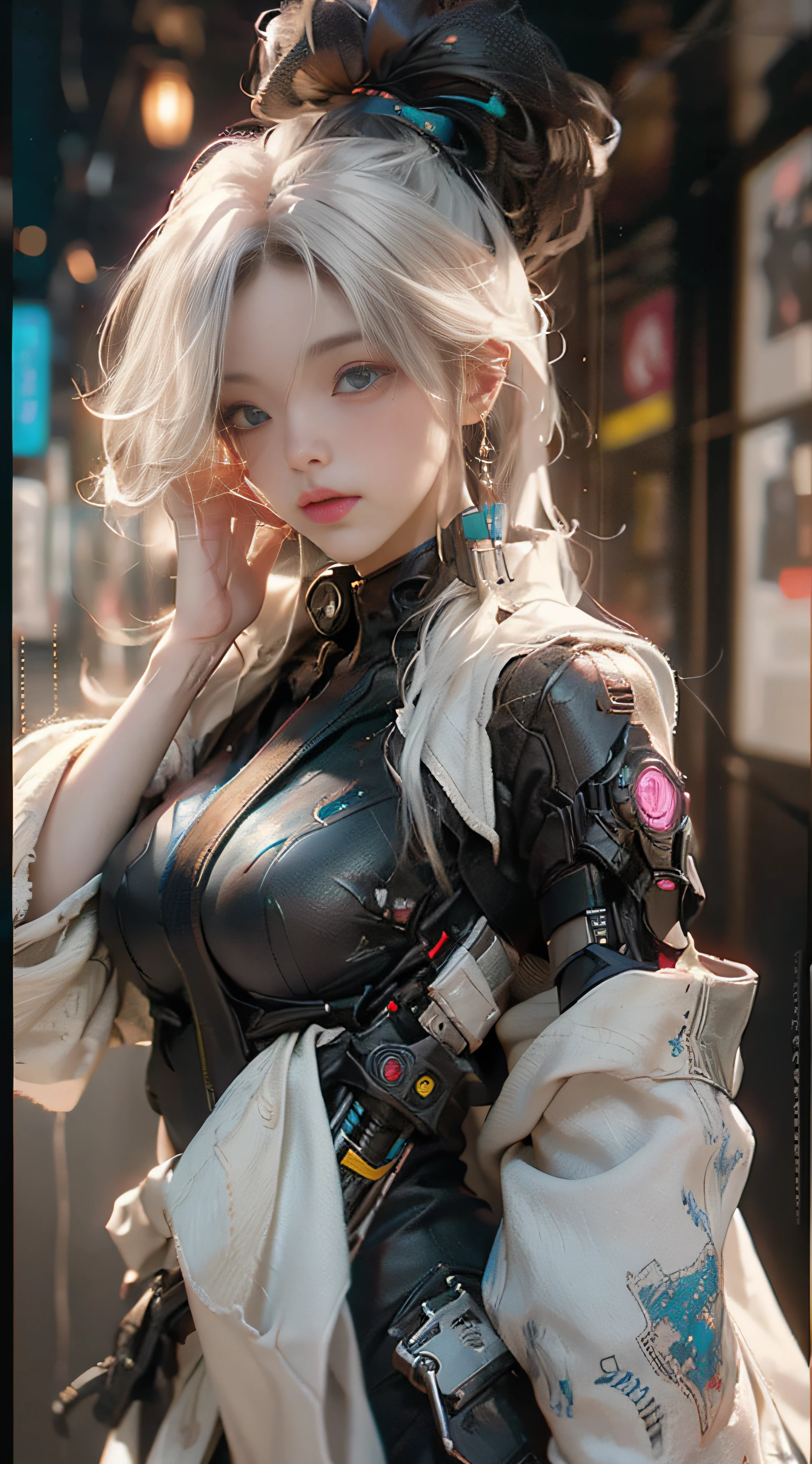((best best quality)), ((MasterPiece)), (Detail:1.4), 3D, A beautiful cyberpunk female image,HDR(high dynamic range),RayTrace,nvidia rtx,The ultra-Resolution,Unreal 5,Subsurface scattering、pbr texturing、postprocessing、Anisotropic Filtering、depth offield、Maximum Clarity and Clarity、Many-Layer Textures、Albedo and Specular map、Surface coloring、Mitsu-Accurate simulation of material interactions、Perfect Scale、octanerendering、Two-colored light、large aperture、low ISO、white balance、Rule of Thirds、8K RAW、beautiful bright pupils,flowing robe,Fine pupils,Detailed face and eyes,Long Lashes,Blushlush,voluminous hair,Tender red lips