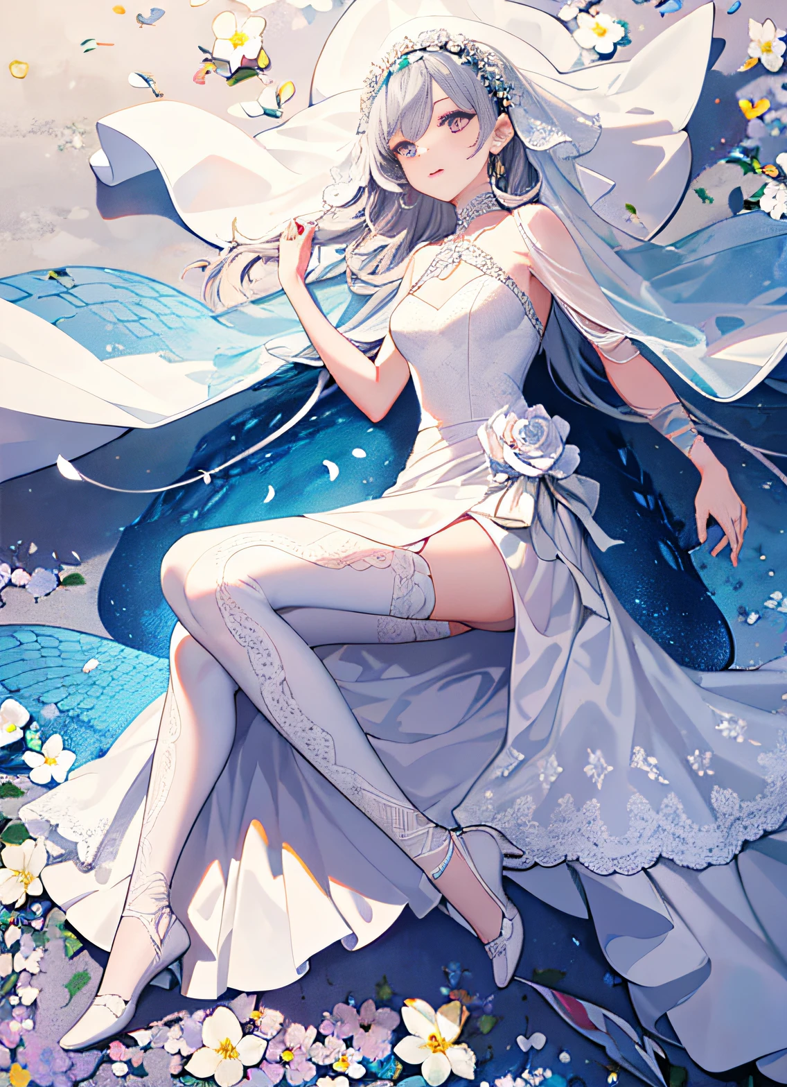 1girl, lamia, scales, white wedding dress, full body, original character, volumetric light, best shadow, light of shallow field, stunning beautiful girl, petite, delicate beautiful and charming face, marriage hall, blooming flowers, seen from above