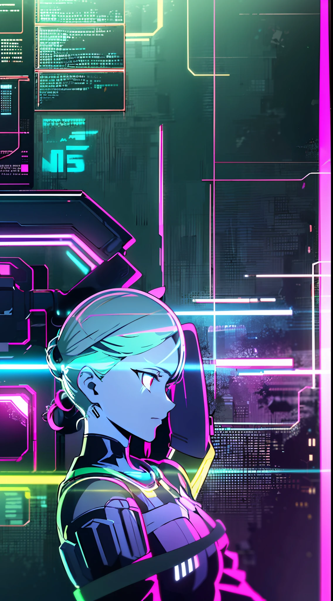 (masterpiece, detailed, high resolution:1.4), cyberpunk, cyberpunk 2077, cyberpunk night city cyberpunk background, metal cybernetic silver hand in the foreground in the frame, neon lines, green and blue glitch effect around the arm, purple-pink neon glow, man, torso, shoulders
