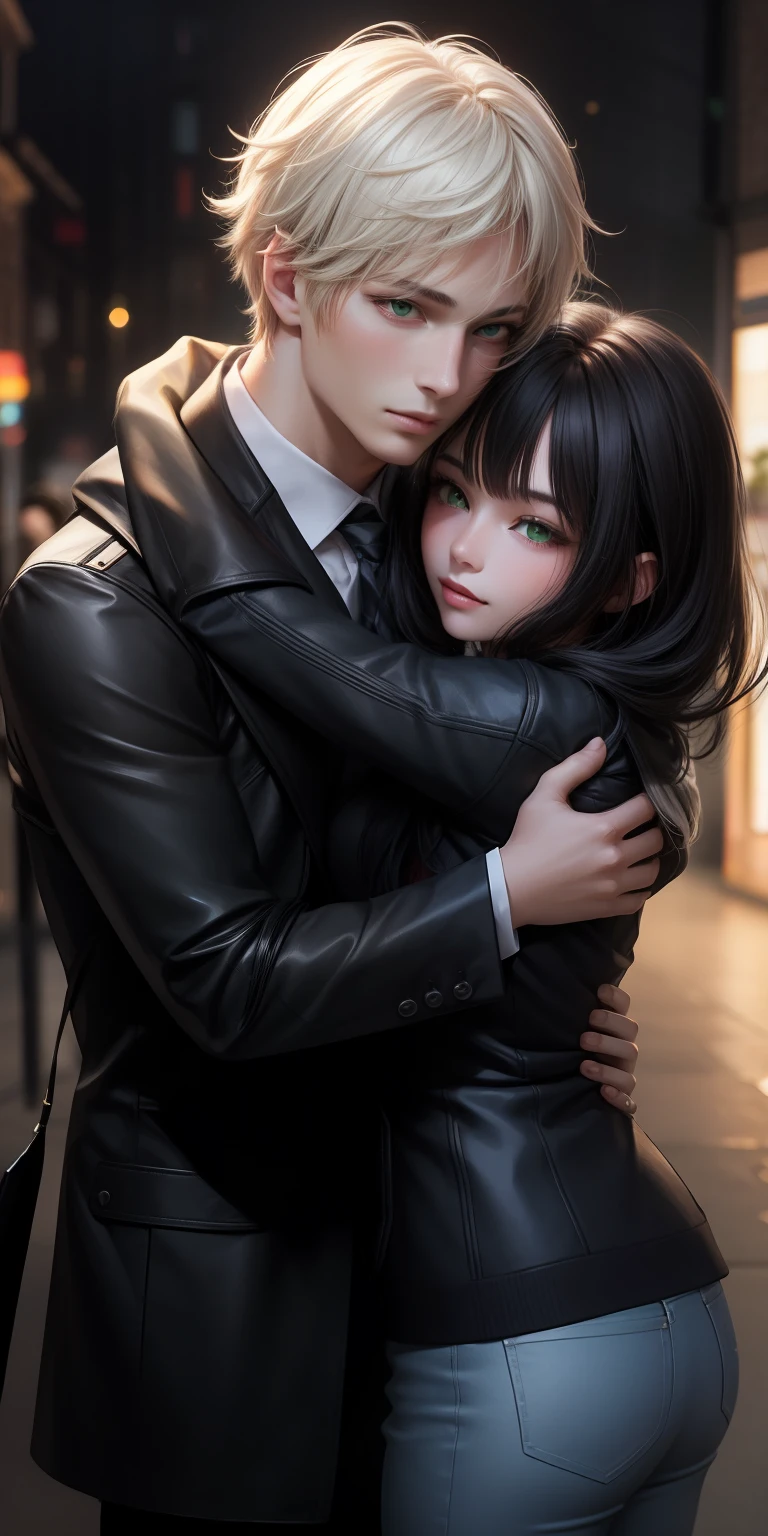 realistic. perfection, 1girl, long hair, black hair, red eyes, 1boy, short hair, white hair, green eyes, couple, hug around neck, romance,