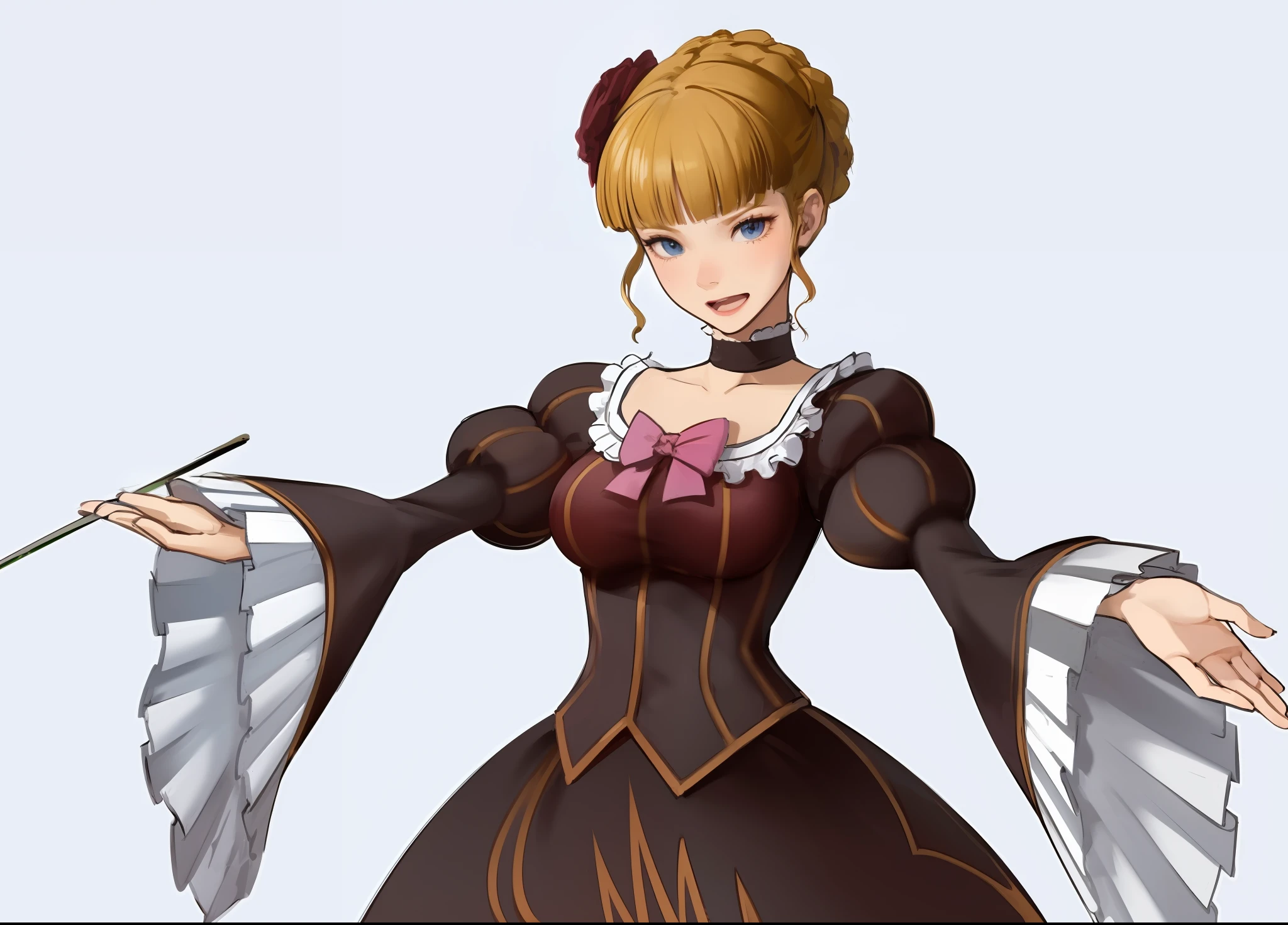 Best quality, ultra-high resolution, detailed faces, realism, face lifelike, 
(high-density display: 1.4), dramatic rendering, complex background,
Crazy details, intricate details, hyper detail, soft cinematic light, exposure mixing, high-density display, intense light and shadow, beatrice (umineko), bad laugh, arrogance, open mouth, mockery, glowing blue eyes, blush, big breasts, obscene expressions.