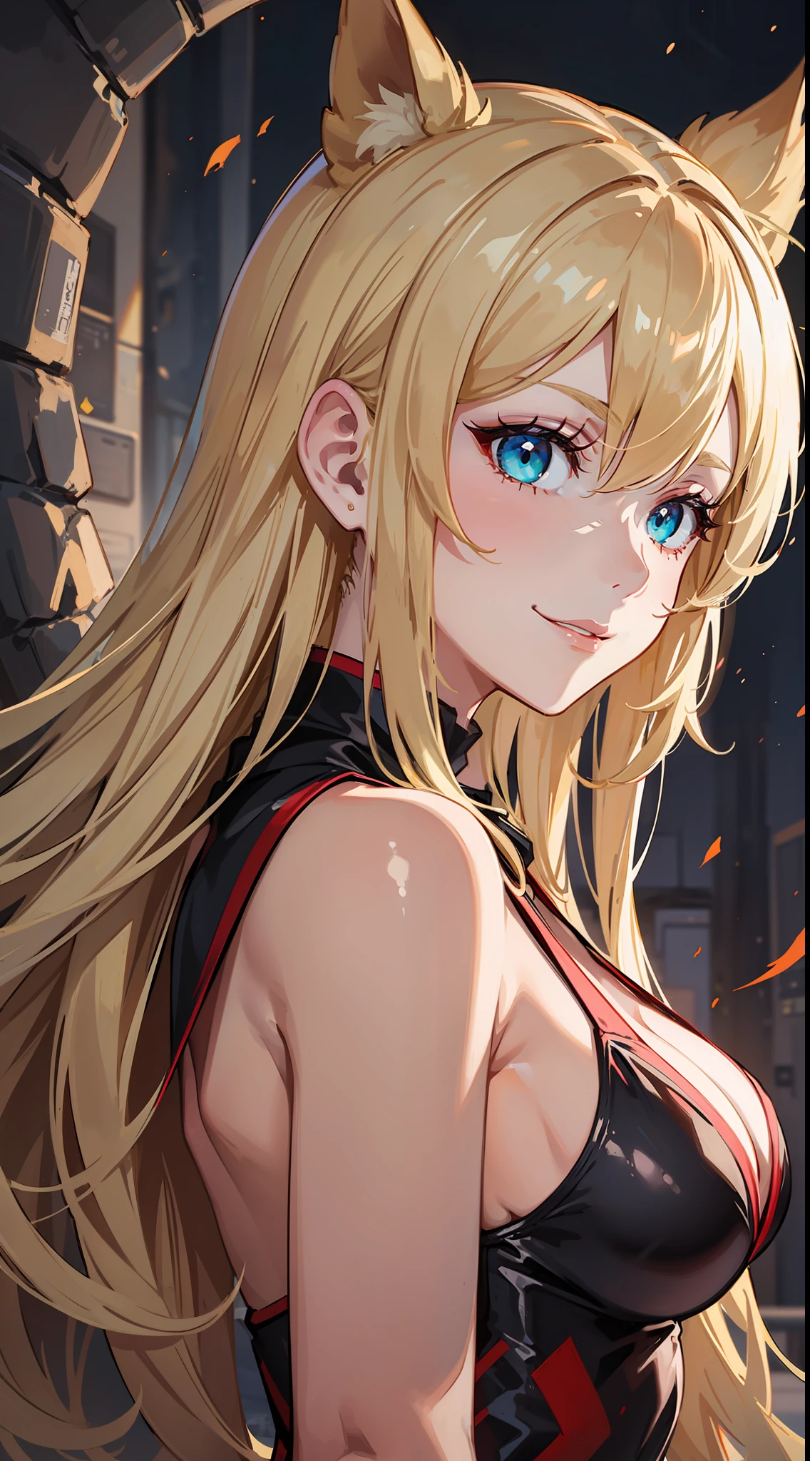 Young girl, long blonde hair, cyan eyes, red ninja shape, inner sideboob, dragon, smirk, masterpiece, high quality