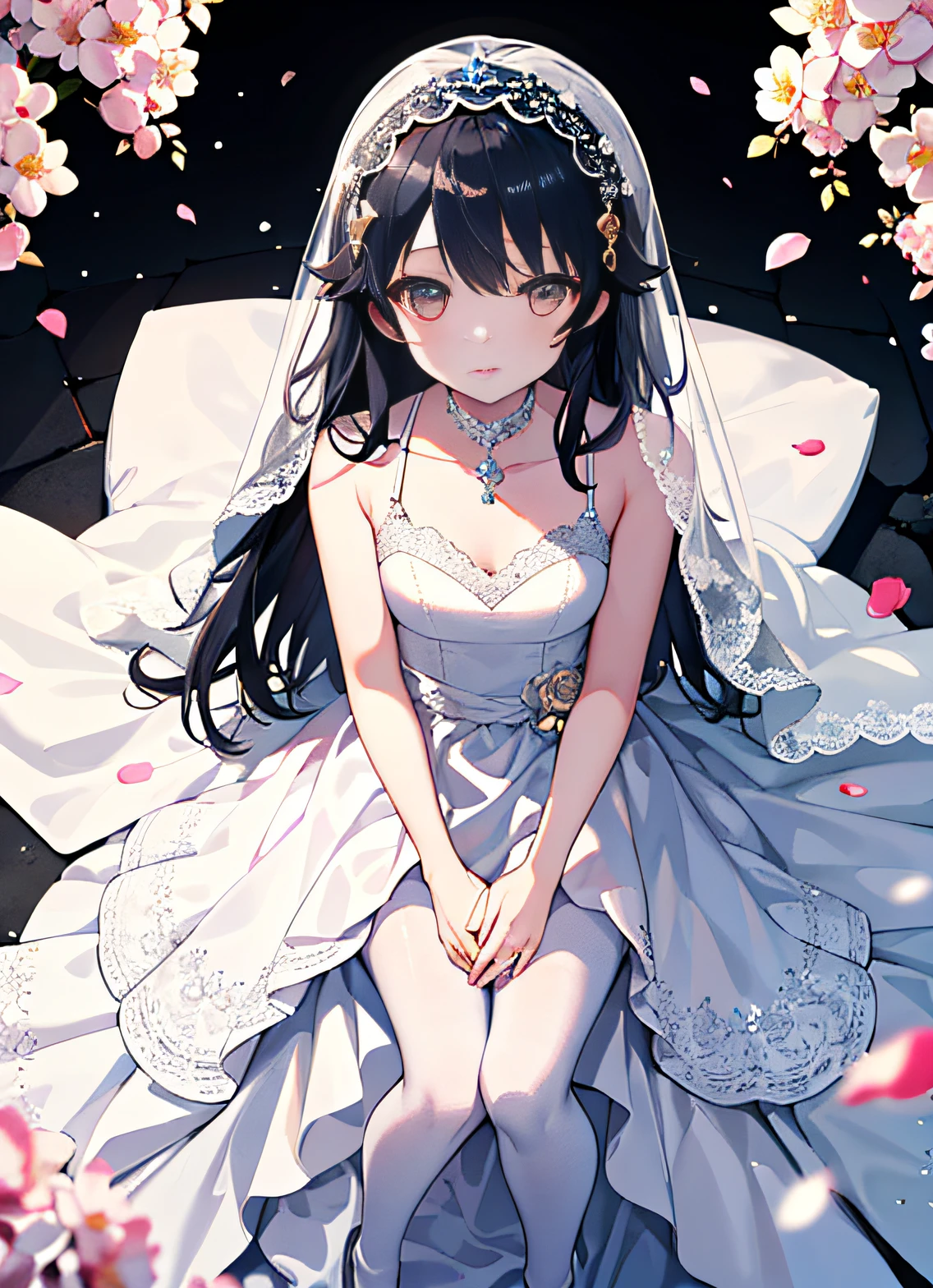 1girl, lamia, scales, white wedding dress, full body, original character, volumetric light, best shadow, long straight black hair, qi bangs, Kyo Ani painting style, Mio Akiyama, shallow depth of field, stunning beautiful girl, petite, delicate beautiful and charming face, marriage hall, blooming flowers, seen from above