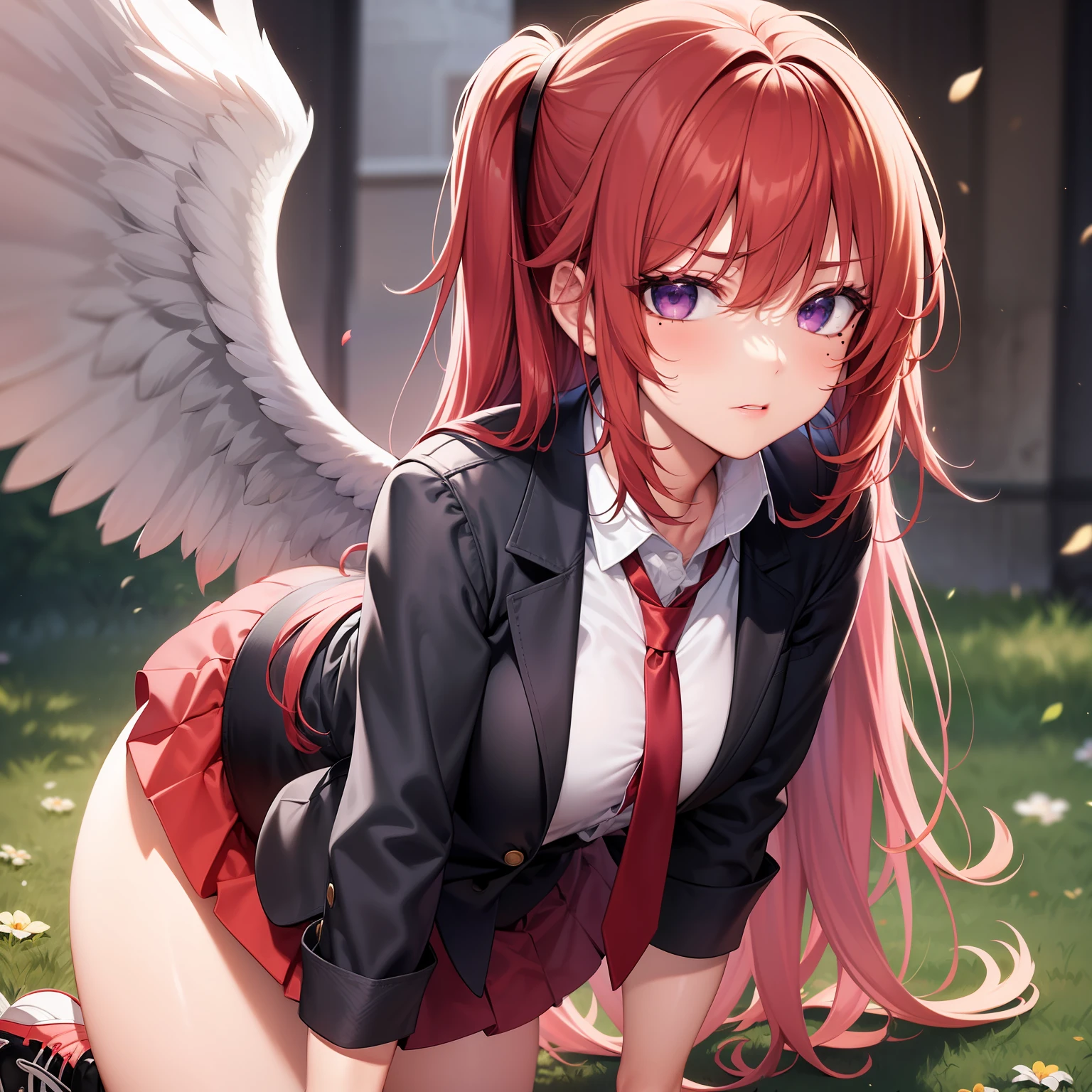Beautiful red-haired woman with long, straight hair falling under her shoulder, wearing high school clothes, blouse with red tie and red mini skirt, black socks that go up to the knees and All Star sneakers, with angel wings, red makeup around the eyes making a drawing on the face, purple eyes,  red lipstick, a mole on the left side of the mouth, perfect face, expression of shame, cute expression, perfect body, round chest, big ass, thick thighs, whole body, detailed scenery, detailed photo, masterpiece, 8k, raw photo, perfect lighting