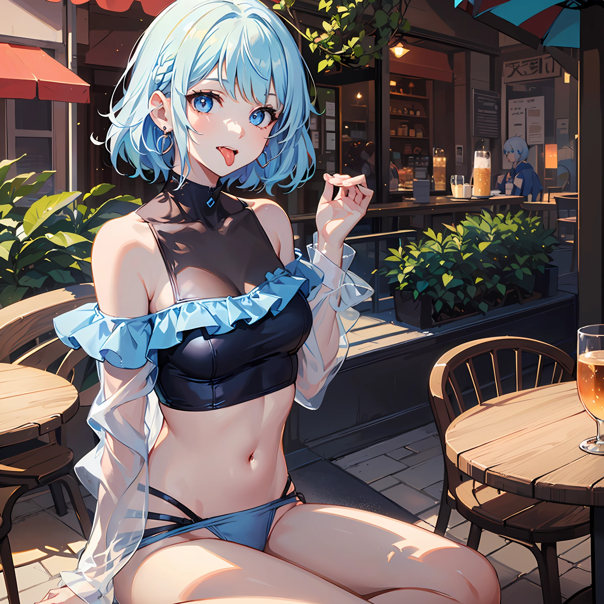 (((Masterpiece)))), ((Best Quality))), Hi-Res, On Thighs, Standing, Sitting, (Cute One Girl))), Solo, White Skin, Small, Eight-headed, (Light Blue Hair), ((Short Hair)), (Straight Bangs)), Beautiful Hair, Blue Eyes, Beautiful Eyes in Detail, (((Tongue)), Red Face, Heart, Swimsuit, Ruffles, Earrings, Outdoor, Cafe Terrace, Shadow Lighting,