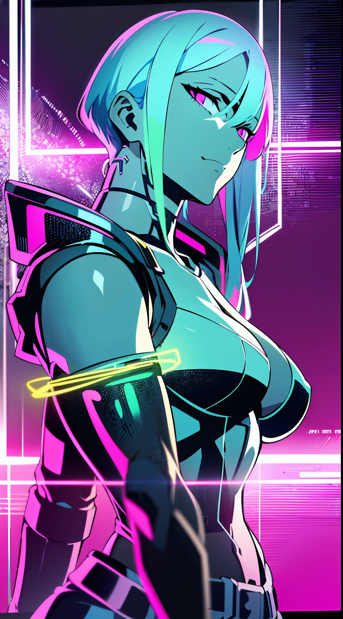 (masterpiece, detailed, high resolution:1.4), cyberpunk, cyberpunk 2077, cyberpunk night city neon background, metal cybernetic silver hand in the foreground in the frame, green-blue glitch effect around the arm, purple-pink neon glow, man, torso, fluorescent