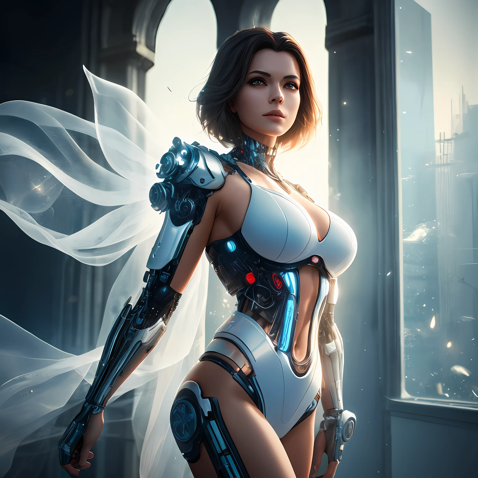 Like Pamella Cristiny, realistic photography, photorealistic, realism, contrast, photography, masterpiece, cyborg, cyberpunk, ethereal beauty, ethereal, ultra realistic, 3d, 3d rendering, porcelain, Best quality, human anatomy, real hair, short hair, Asymmetrical Cut Hair, moving hair, huge breasts, human anatomy, posing for photo, translucent, (ethereal, Dream), formidable, 8k wallpaper, Realistic Textures Dramatic Lighting, Trending at Art Station Cinestill 800 --auto