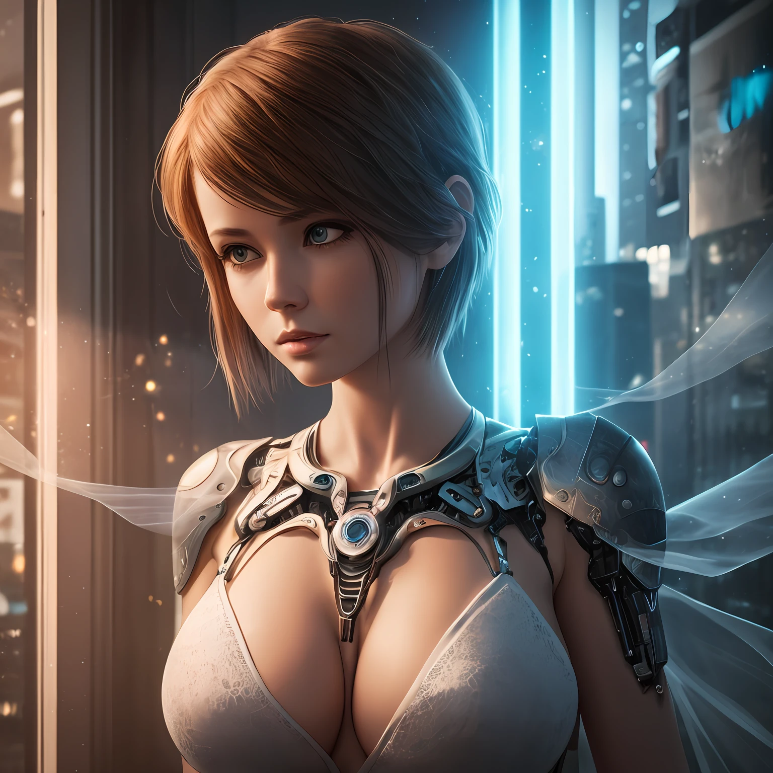 Like Pamella Cristiny, realistic photography, photorealistic, realism, contrast, photography, masterpiece, cyborg, cyberpunk, ethereal beauty, ethereal, ultra realistic, 3d, 3d rendering, porcelain, Best quality, human anatomy, real hair, short hair, Asymmetrical Cut Hair, moving hair, huge breasts, human anatomy, posing for photo, translucent, (ethereal, Dream), formidable, 8k wallpaper, Realistic Textures Dramatic Lighting, Trending at Art Station Cinestill 800 --auto