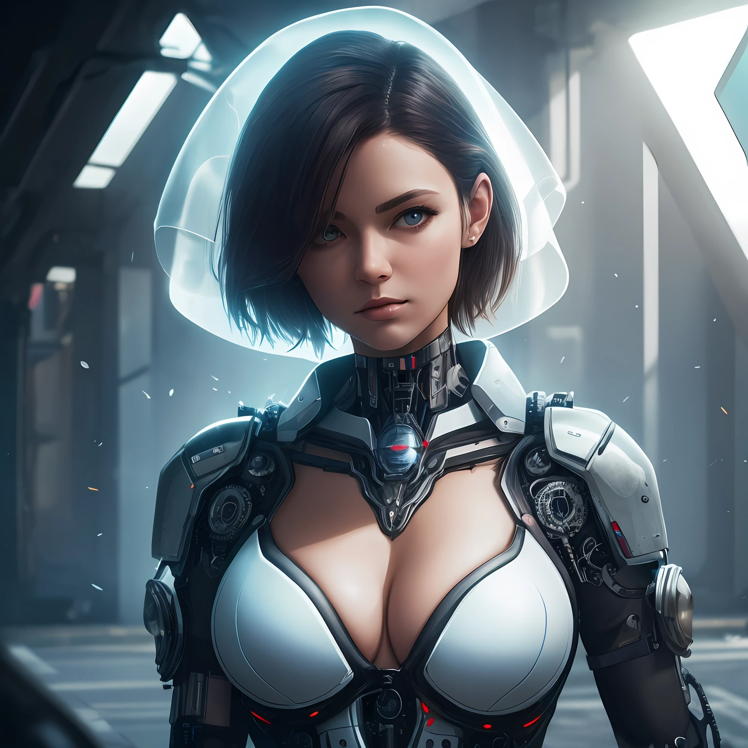 Like Pamella Cristiny, realistic photography, photorealistic, realism, contrast, photography, masterpiece, cyborg, cyberpunk, ethereal beauty, ethereal, ultra realistic, 3d, 3d rendering, porcelain, Best quality, human anatomy, real hair, short hair, Asymmetrical Cut Hair, moving hair, huge breasts, human anatomy, posing for photo, translucent, (ethereal, Dream), formidable, 8k wallpaper, Realistic Textures Dramatic Lighting, Trending at Art Station Cinestill 800 --auto