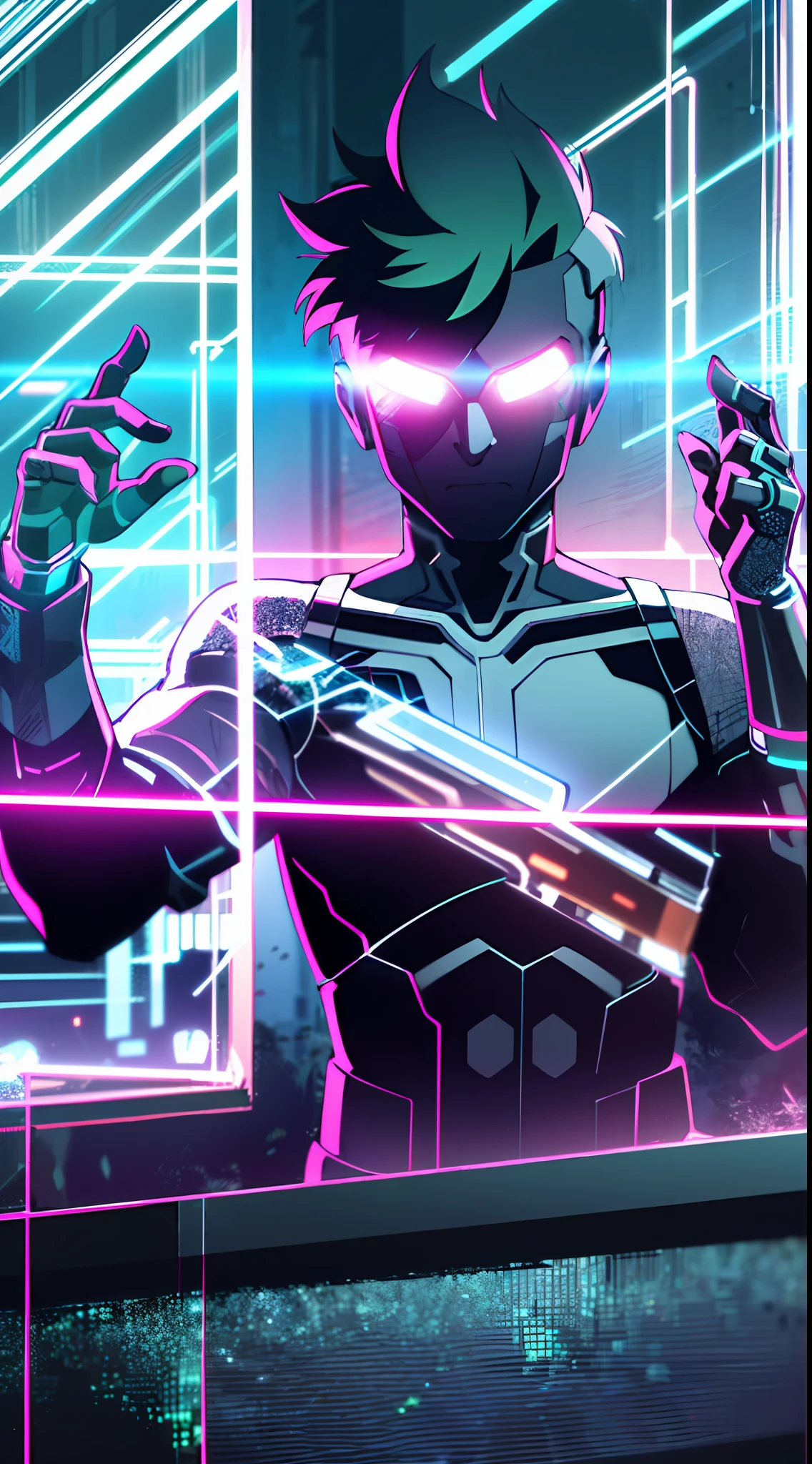(masterpiece, detailed, high resolution:1.4), cyberpunk, cyberpunk 2077, cyberpunk night city neon background, metal cybernetic silver hand in the foreground in the frame, green-blue glitch effect around the arm, purple-pink neon glow, man, torso, fluorescent