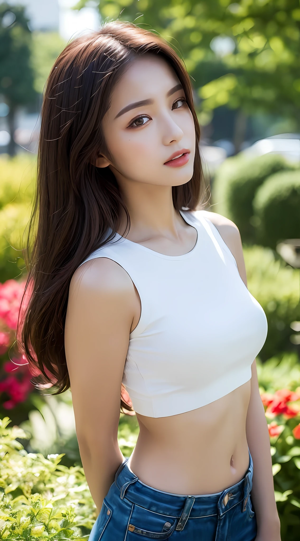 ((Realistic Lighting, Top Quality, 8K, Masterpiece: 1.3)), Clear Focus: 1.2, 1 Girl, Perfect Beauty: 1.4, Slim Abs: 1.1, (((Dark Brown Hair)), (White Crop Top: 1.4), (Flower Garden, Outdoor, Night: 1.1), Park View, Super Fine Face, Narrow Eyes, Double Eyelids,