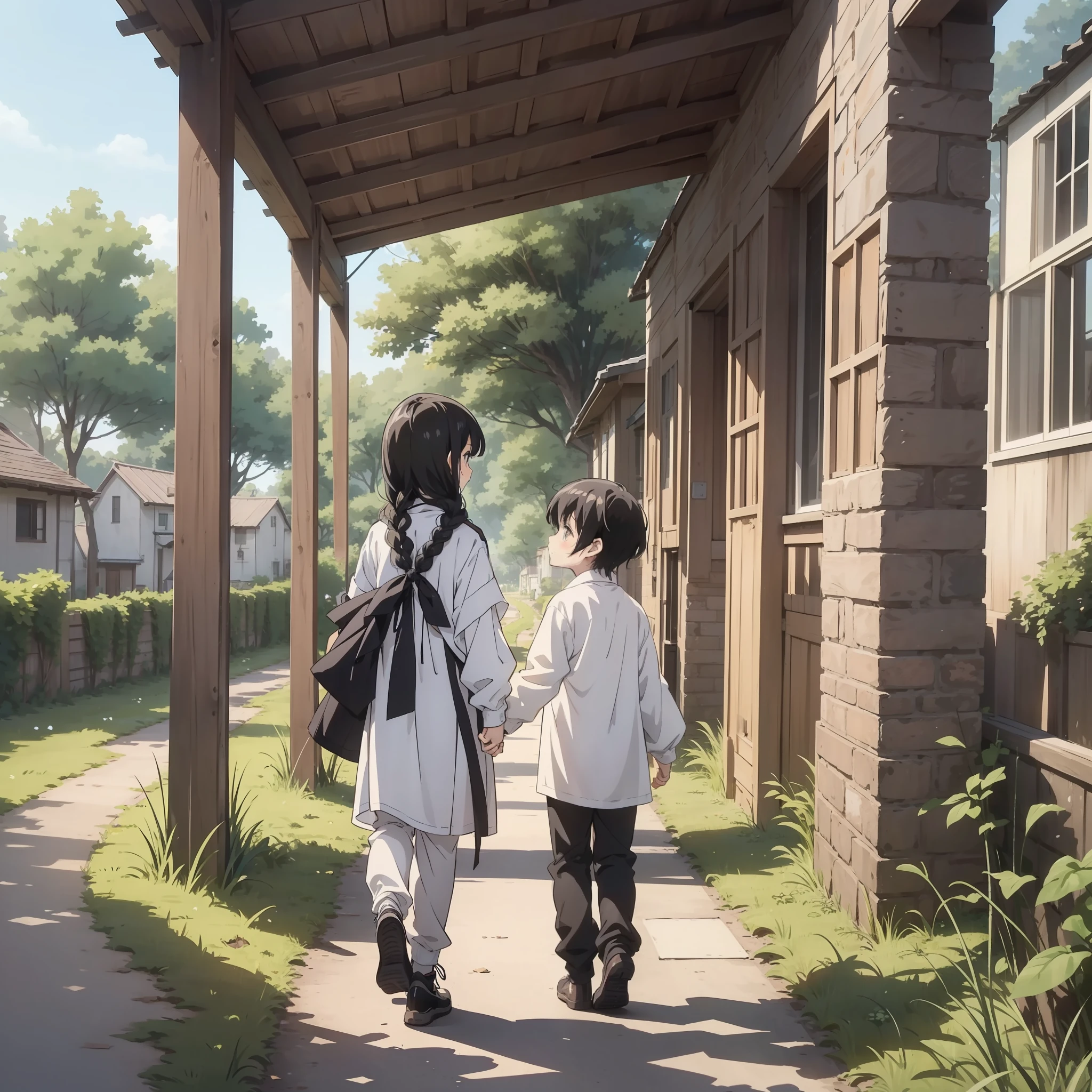 A little girl in white clothes with long braids and a 10-year-old boy with short black hair standing together on a village path (background is a rural path 1.5) (upper body display 1.5) (cinematic light 1.5)) anime style 4 K, anime rendering, Guvez style artwork, anime style.