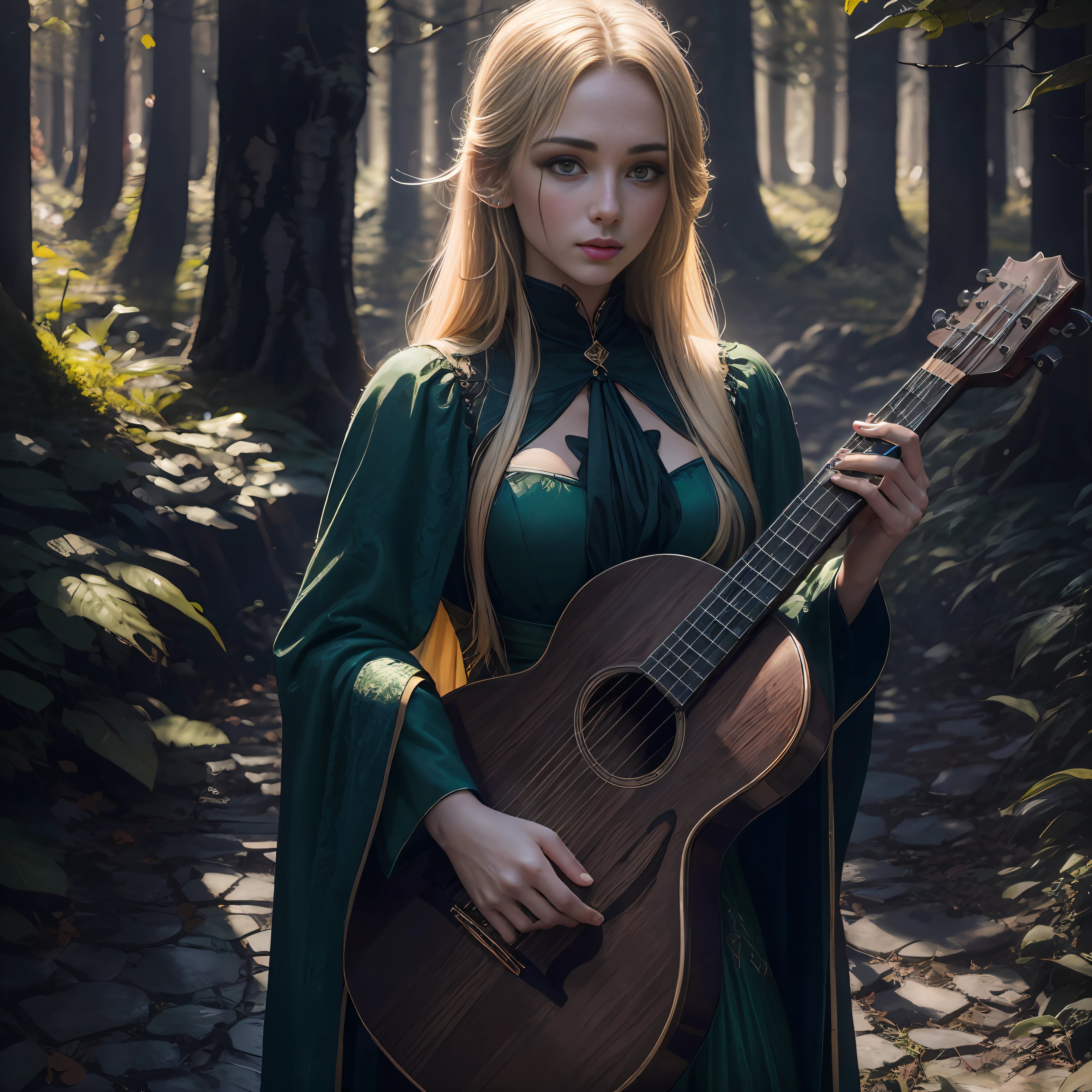 bard holding lute, 20 year old body, young face, forest with many trees, flowers, daytime image, sharp image, 4k, high quality, , long blonde hair, long dress with long sleeves, dress with various shades of green, lute is ancient, oak color, ultrarealistic, masterpiece, rays of light --auto