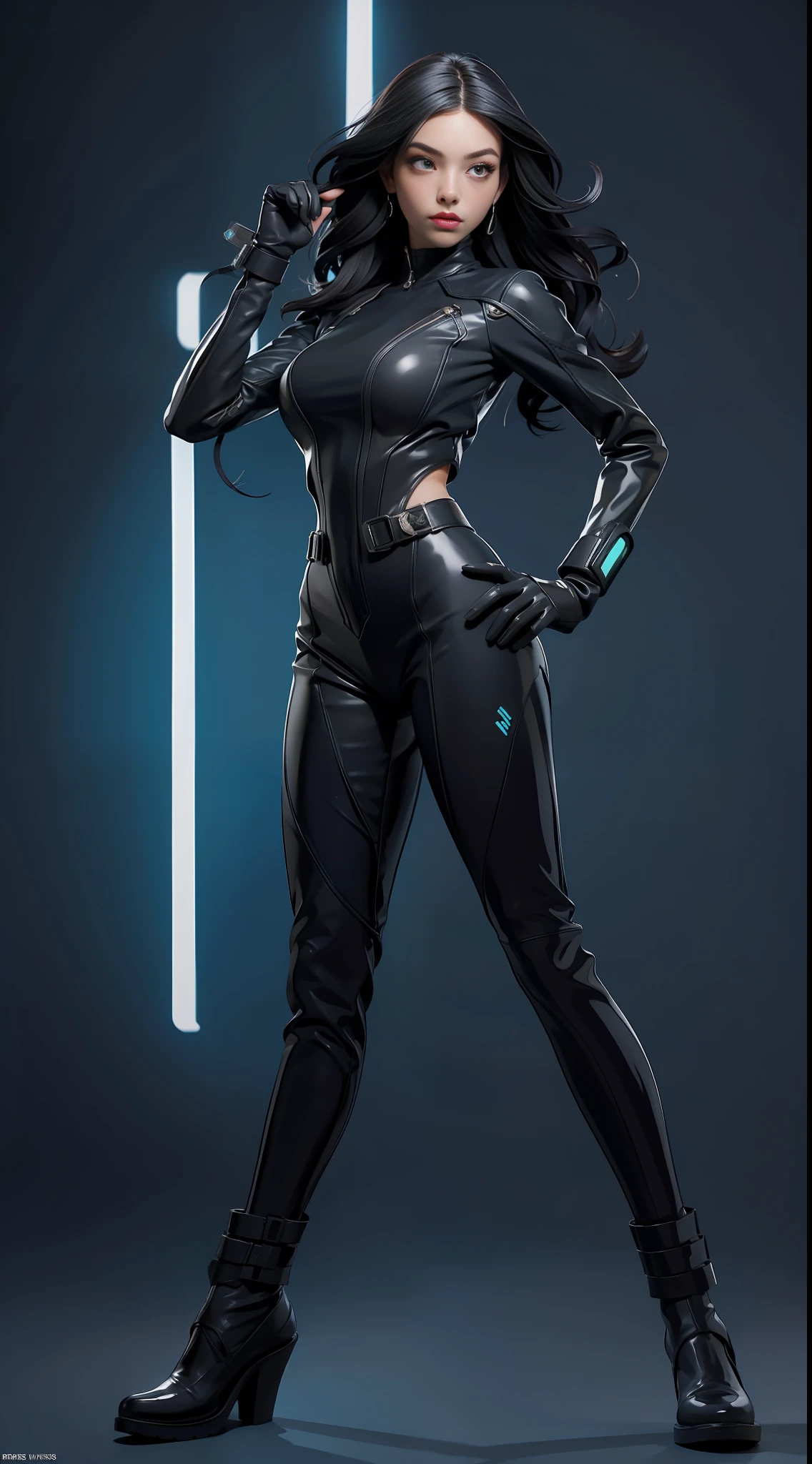solo, super fine photo, full body portrait Unreal Engine 5 8K UHD of beautiful and mature girl, gorgeous, black long wavy hair, black color scheme skin tight futuristic latex battle suit, zipless, latex glove, latex belts, cyberpunk design, futuristic female soldier, motorcycle full face helmet, beautiful make up, cyan neon light details, best quality, masterpiece, official art, unified 8k wallpaper, super detailed, sharp focus, dynamic pose, body parts, no extra limbs, precisely ???????