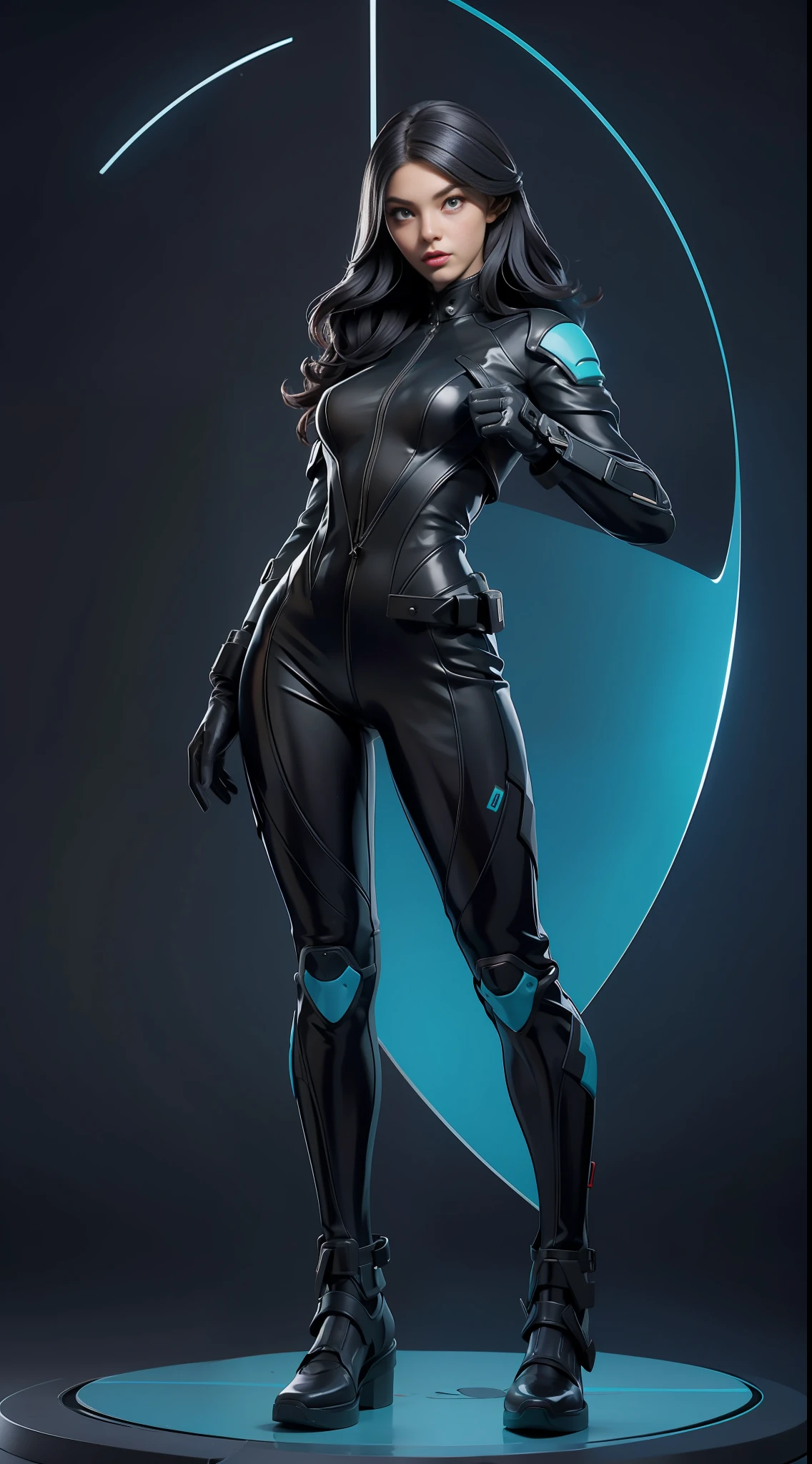 solo, super fine photo, full body portrait Unreal Engine 5 8K UHD of beautiful and mature girl, gorgeous, black long wavy hair, black color scheme skin tight futuristic latex battle suit, zipless, latex glove, latex belts, cyberpunk design, futuristic female soldier, motorcycle full face helmet, beautiful make up, cyan neon light details, best quality, masterpiece, official art, unified 8k wallpaper, super detailed, sharp focus, dynamic pose, body parts, no extra limbs, precisely anatomy