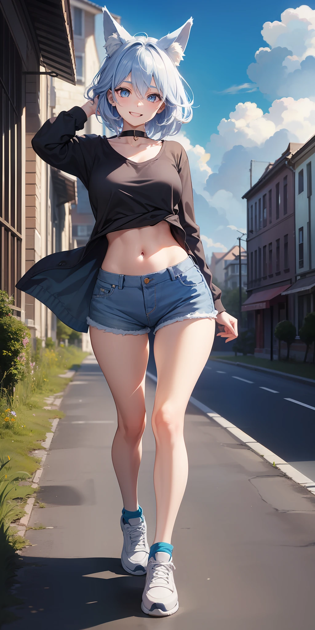 ((masterpiece)), ((best quality)), girl, ((beautiful body)), fair skin, ((well-detailed eyes)), very long blue straight hair, ((hair highlights effect)), ((hair between eyes)), short blue sweatshirt, short shorts, blue sneakers, medium breasts, neck accessory, eyebrow, ((fox ear)), ((perfect)), ((smile)), (( happy expression)), slim waist, thick legs, big thigh, ((background scenery)), ((street)), ((blue sky)), ((clouds)), (sun), ((wind in the hair)), ((shaking hair)), US, beautiful day, pov, looking at viewer, flushed, lustful,
