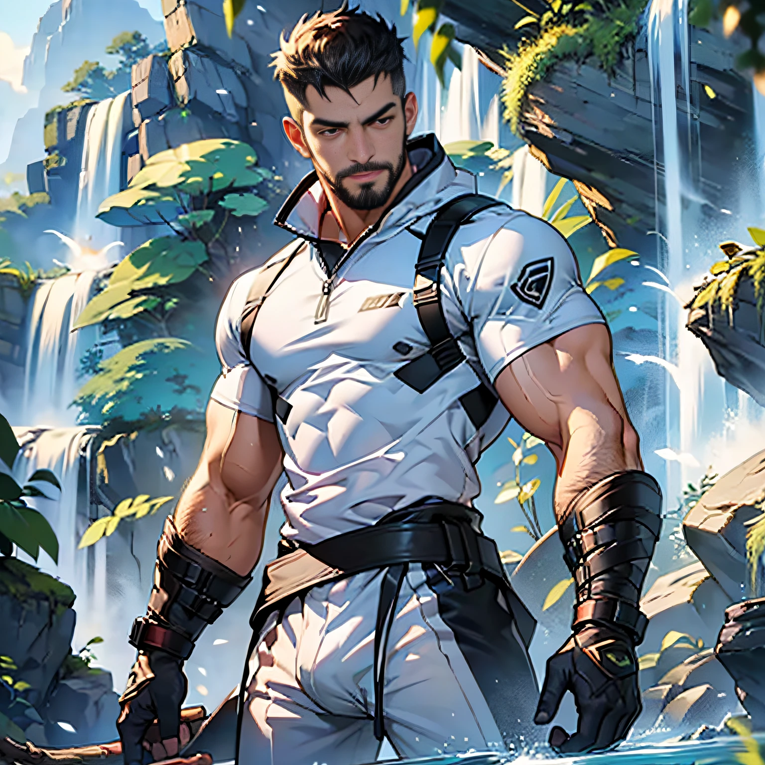 best quality, masterpiece, super high resolution, detailed background, illustrations, single, 1 boy, muscle, volumetric lighting, depth of field, facial hair, white clothes, black band, light particles, bulge, short hair, burly, legs apart, waterfall