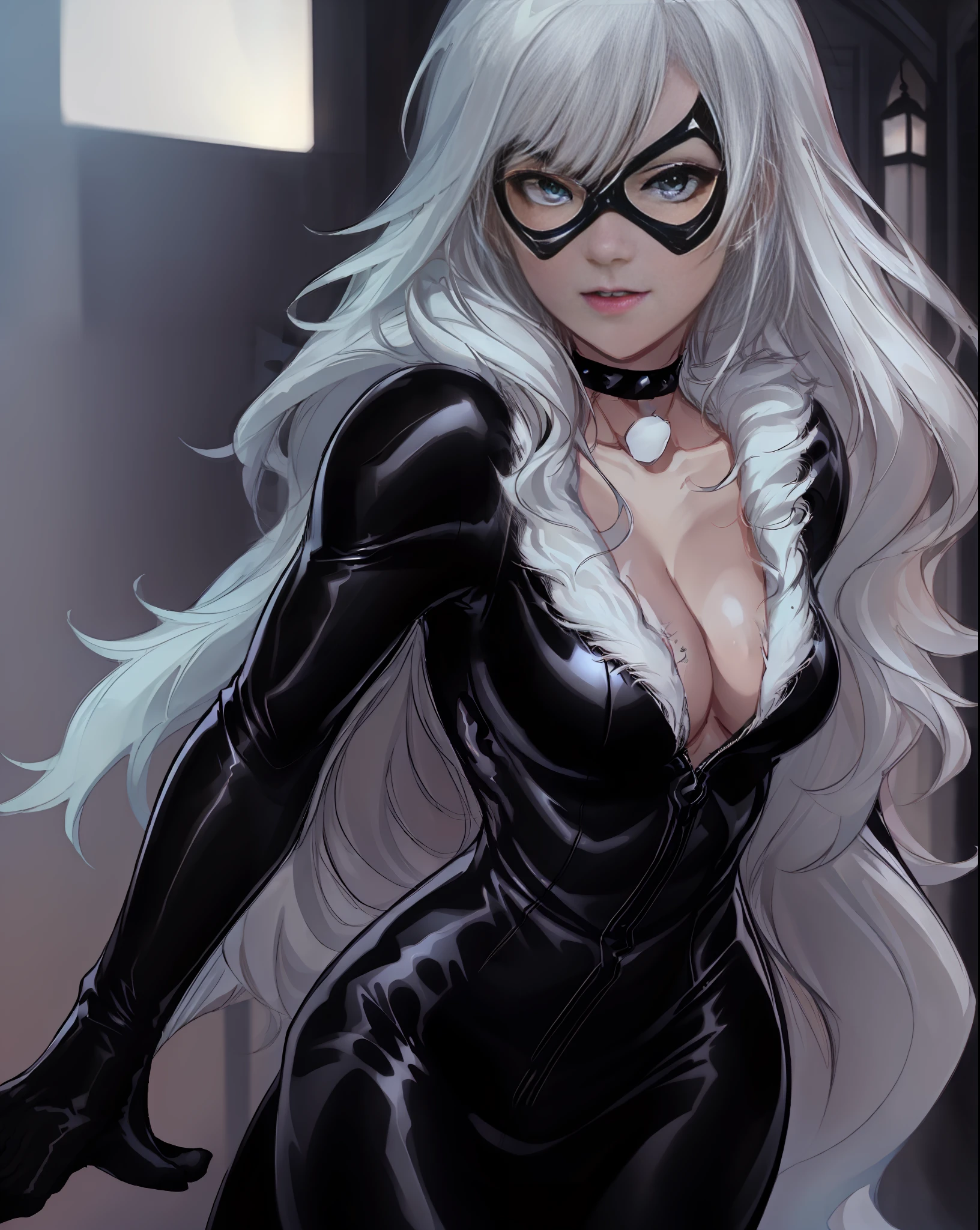 (masterpiece), realistic, HDR, highly detailed, 8k,
occlusion of the environment, natural composition, harmonious, cinematic poster of Felicia "Black Cat" female Marvel character Sexy, white hair, wearing mask of the fantasy "Black Cat", in dynamic and sensual pose under the moonlight. Wearing a black latex costume with white fur. Warm body, detailed face, realistic, highly detailed, large breasts, glowing skin