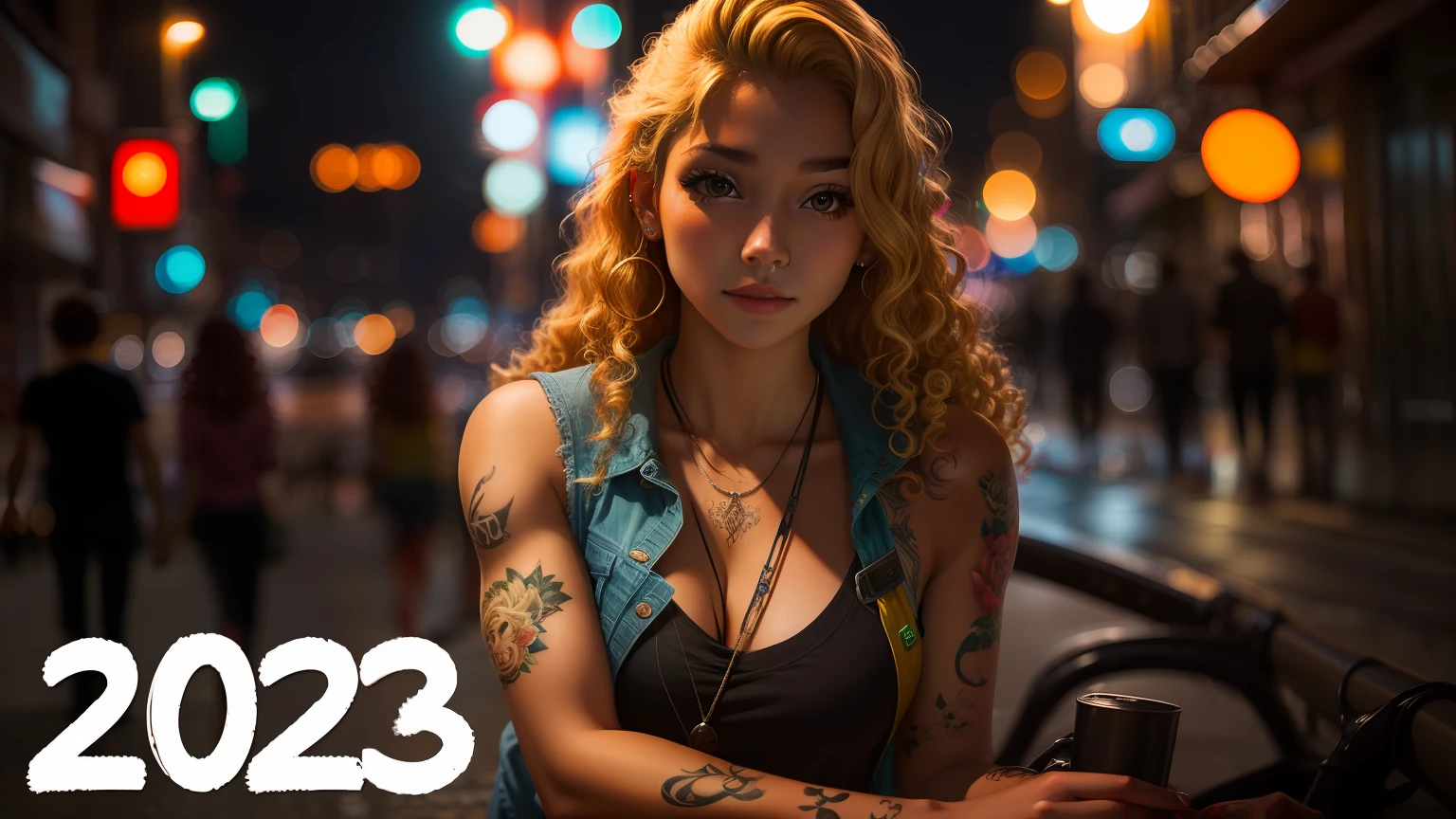 1girl blonde long curly hair, Brazil street, night, cityscape, city lights, upper body, close-up, 8k, RAW photo, best quality, masterpiece, realistic, photo-realistic, with tatoo on arms,
