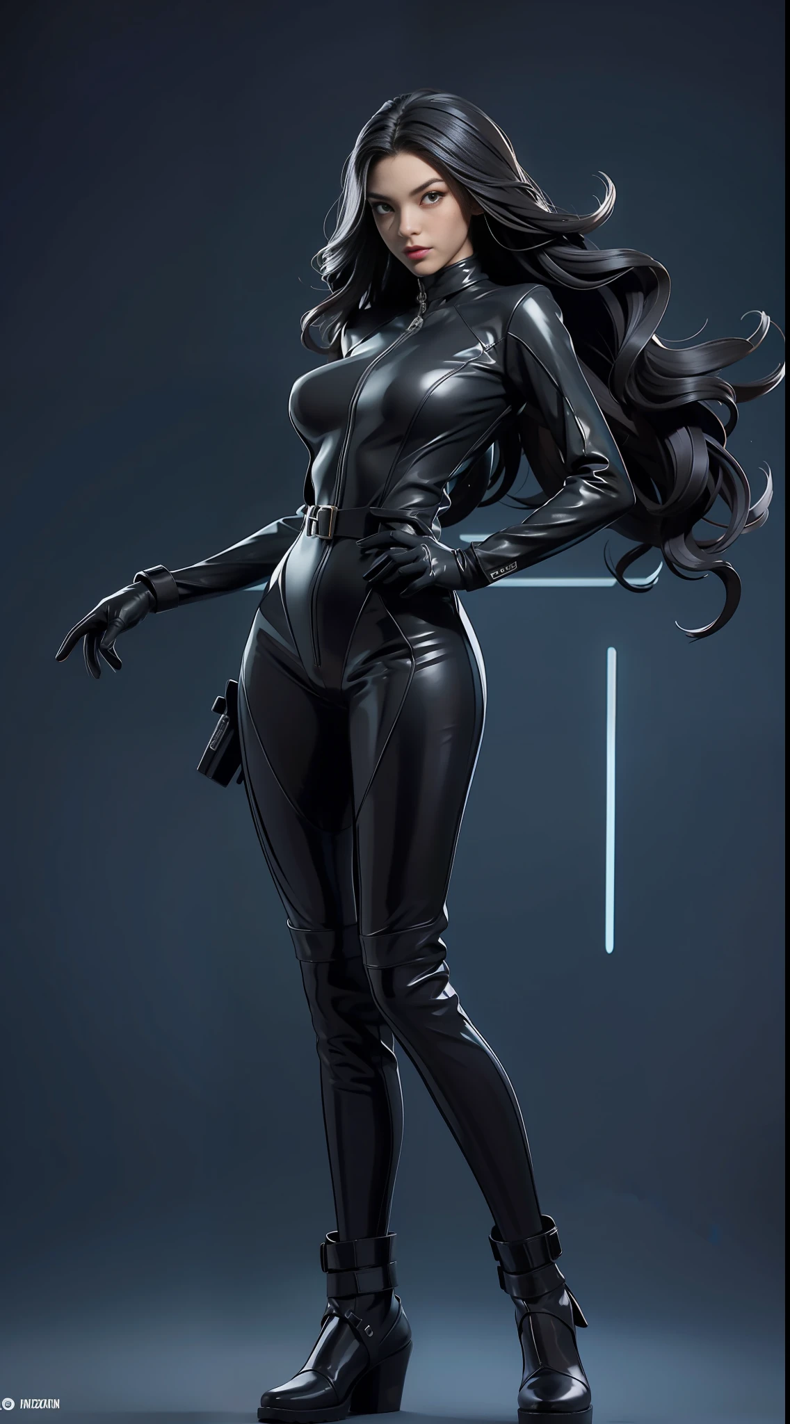 solo, super fine photo, full body portrait Unreal Engine 5 8K UHD of beautiful and mature girl, gorgeous, black long wavy hair, black color scheme skin tight futuristic latex catsuit, zipless, latex glove, latex belts, cyberpunk design, futuristic female mistress, motorcycle full face helmet, beautiful make up, cyan neon light details, best quality, masterpiece, official art, unified 8k wallpaper, super detailed, sharp focus, dynamic pose, body parts, no extra limbs, precisely anatomy