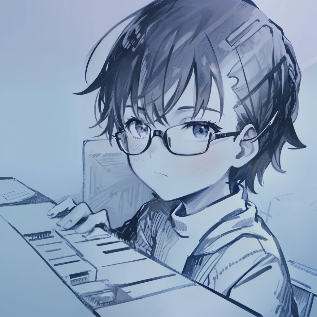 The picture shows a young boy wearing a blue sweater and white pants, about eight or nine years old. He wears a pair of glasses and shows intelligent and curious eyes. He sat in front of a black door that looked solemn and mysterious. The holds a laptop in his hand, and he types intently on the keyboard, showing his interest in technology and his spirit of exploration. In this scene, the little boy young intelligence and bravery, and is preparing to face unknown challenges, opening that black door for new opportunities and adventures